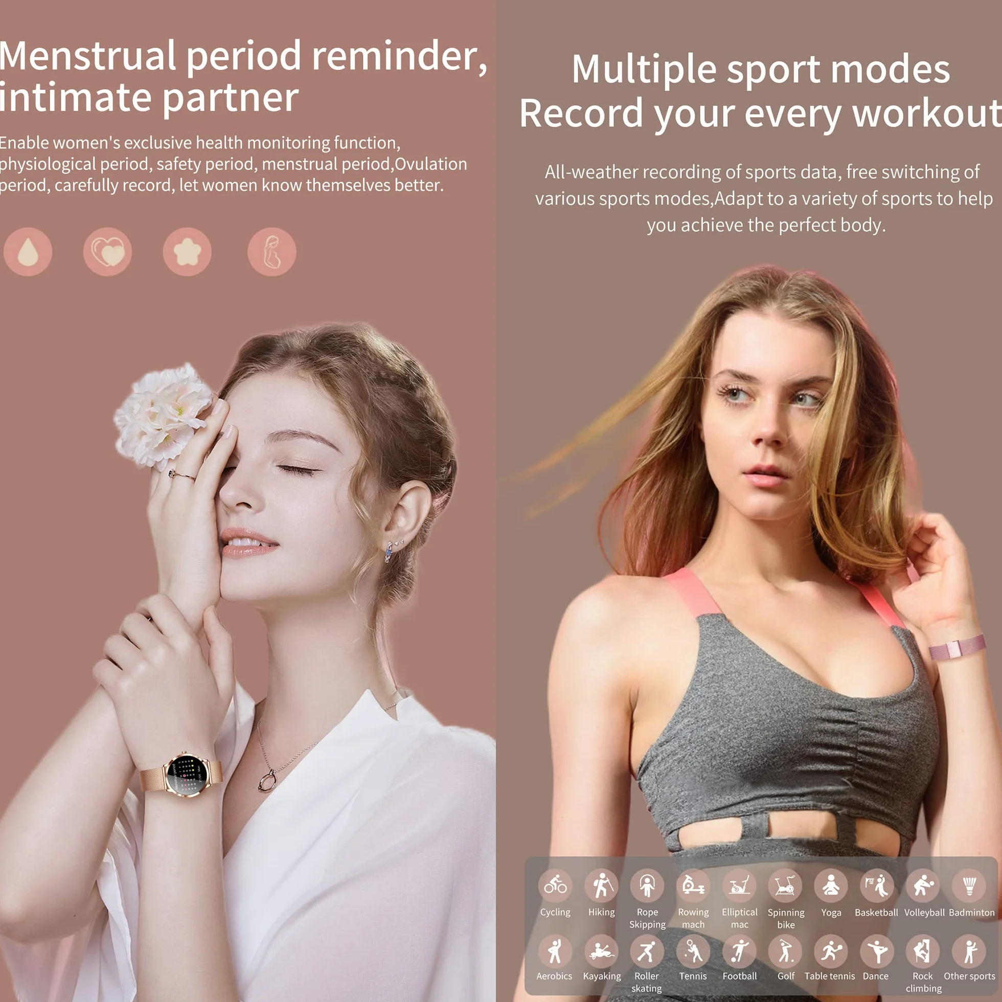 Montre Connectée Femmes IP67 Etanche Smartwatch Sport avec Moniteur Sommeil Fréquence Cardiaque, 22 Modes Sport, Podomètre pour Android iOS