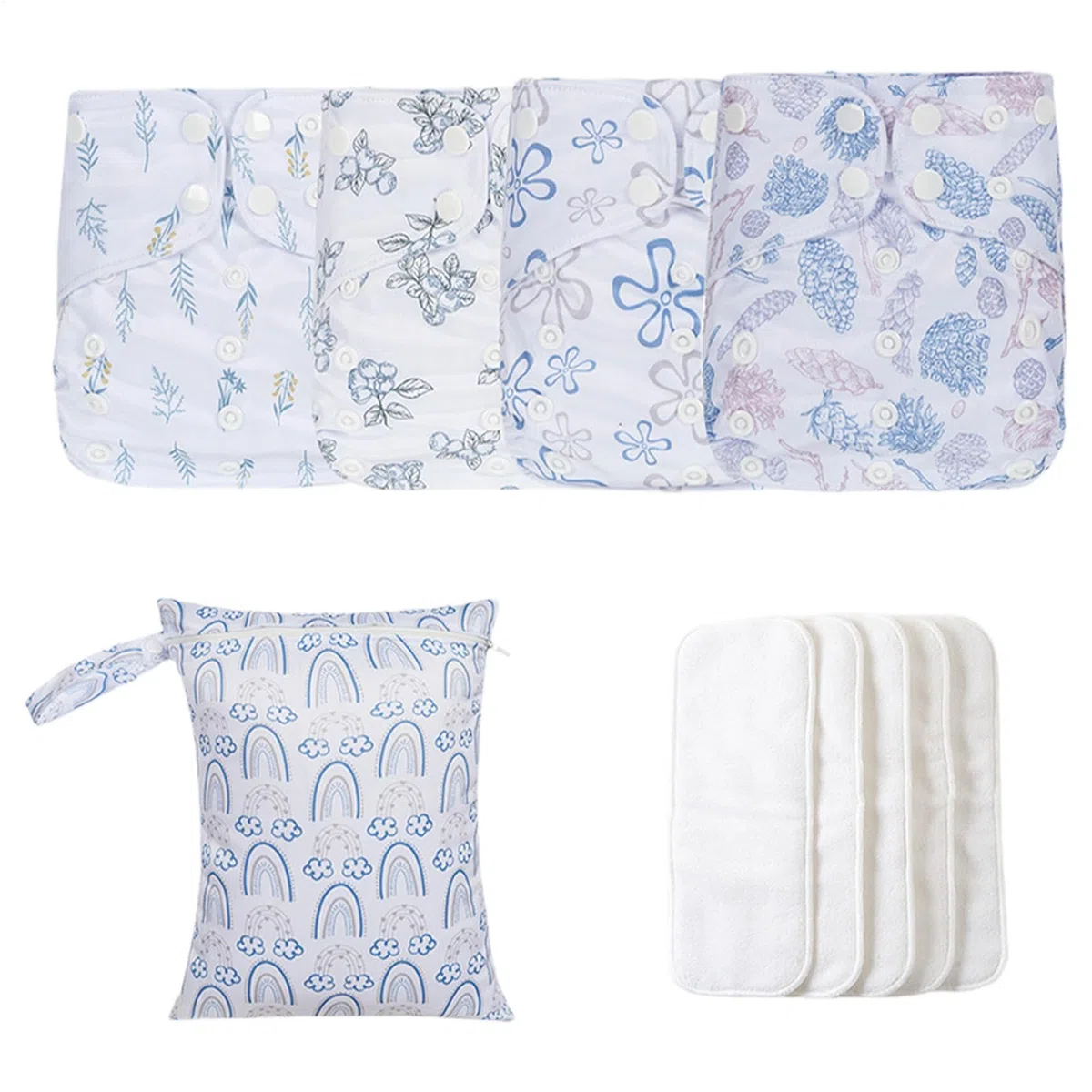 Couches en réutilisables, couches lavables pour bébé - Couches en réglables réutilisables | 4x doublures absorbantes et respirantes, couverture étanche avec 4 inserts et 1 sac humide pour les filles p