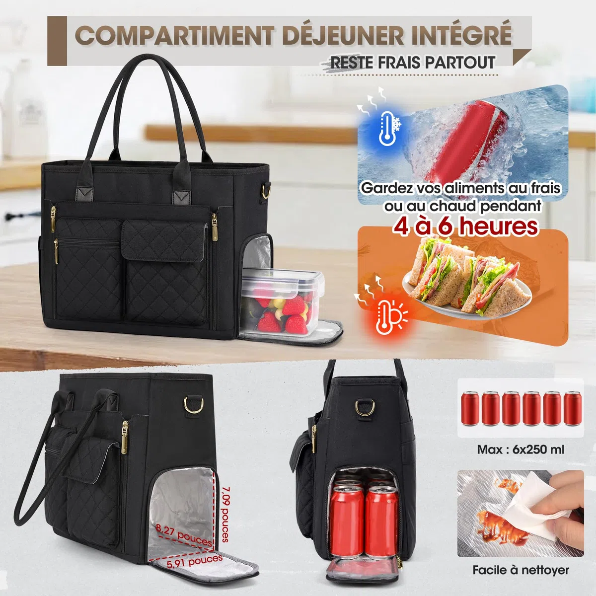 RAINSMORE Sac Enseignant Sac Ordinateur Femme 15,6 Pouces avec Compartiment Isotherme Grand Sacoche Cabas de Travail pour Infirmière Bureau Université Noir