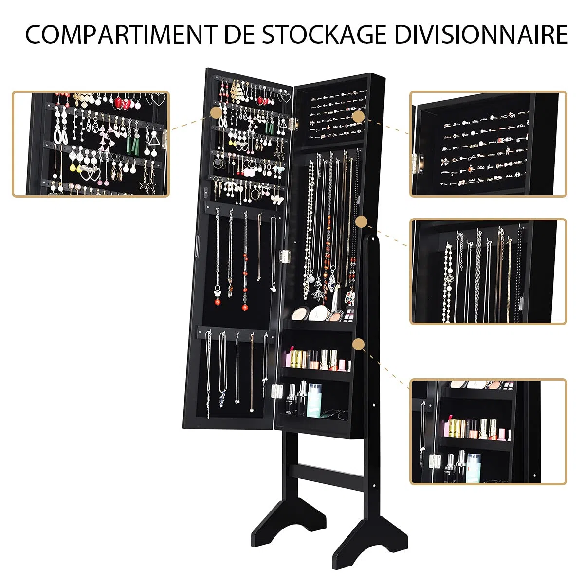 COSTWAY Armoire à Bijoux Verticale avec Miroir Clair Pleine Longueur et Angle Légèrement Réglable, Système de Triage et de Rangement pour Tout Type de Bijoux (Noir)