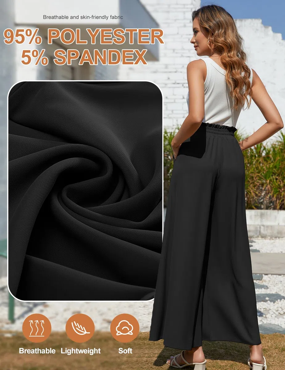 CMTOP Pantalon Femme Elegant Fluide Eté Elastique Taille Haute Pantalons Décontracté Léger Pantalon à Jambes Larges Le Travail and Le Bureau avec Poches