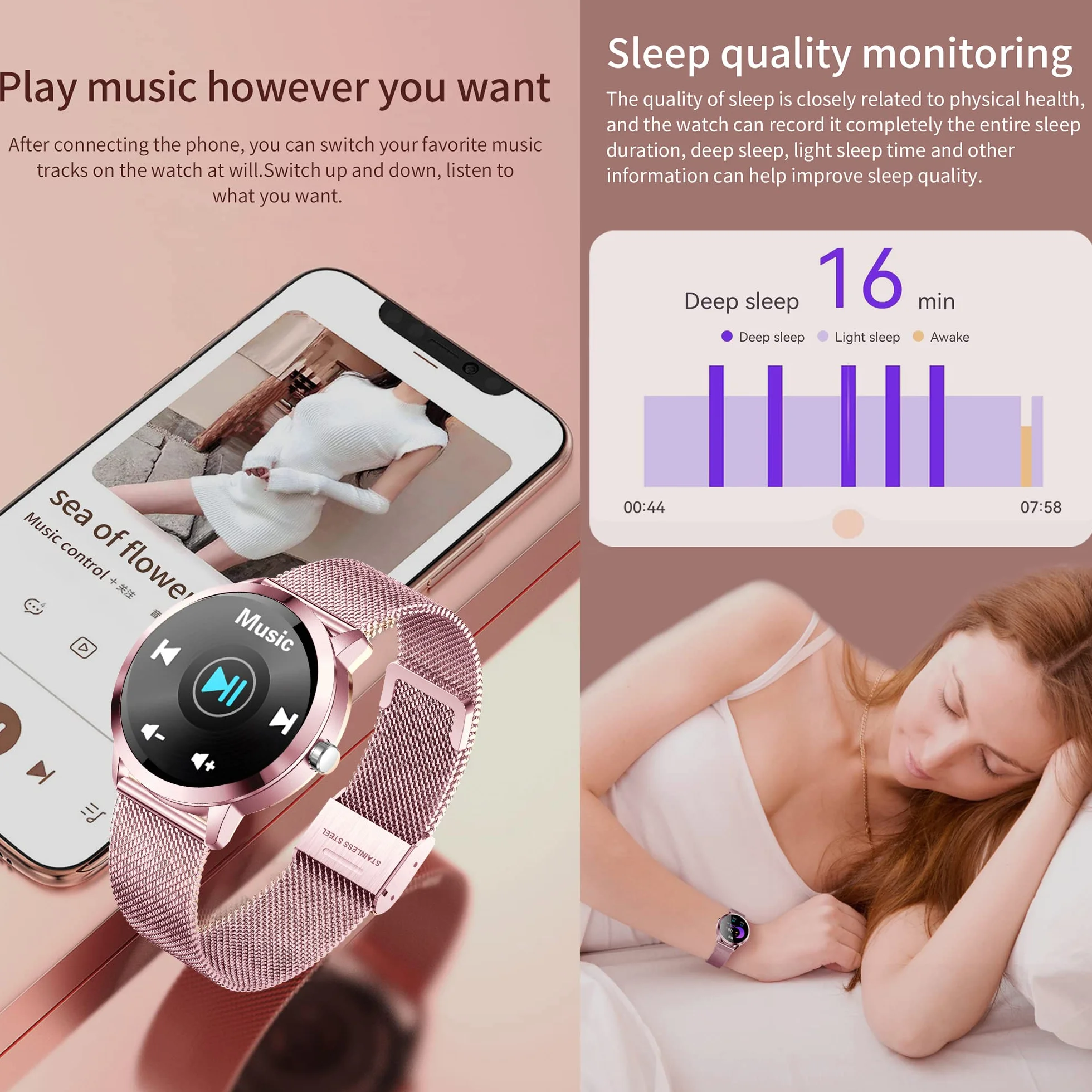 Montre Connectée Femmes IP67 Etanche Smartwatch Sport avec Moniteur Sommeil Fréquence Cardiaque, 22 Modes Sport, Podomètre pour Android iOS