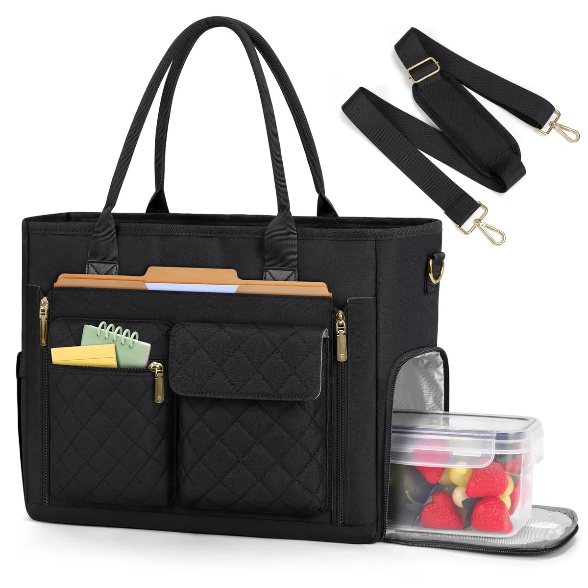 RAINSMORE Sac Enseignant Sac Ordinateur Femme 15,6 Pouces avec Compartiment Isotherme Grand Sacoche Cabas de Travail pour Infirmière Bureau Université Noir