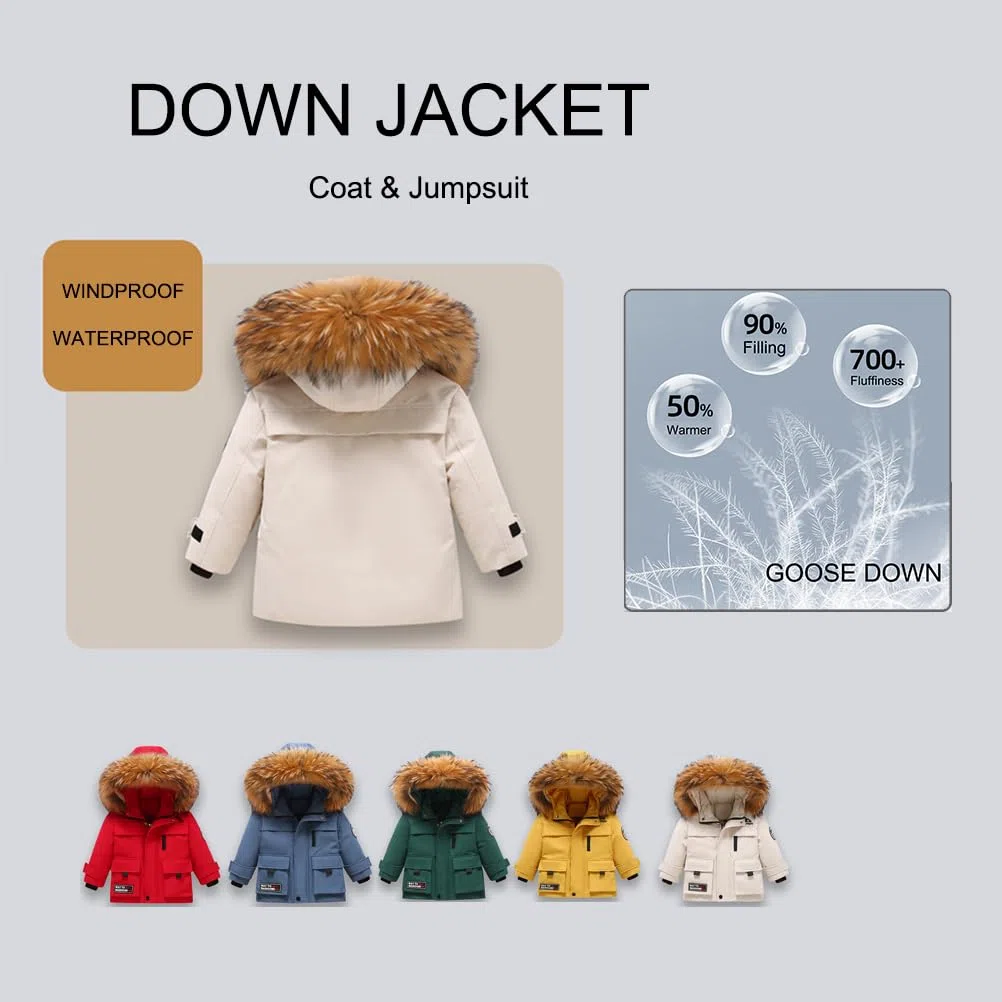 Combinaison de Neige 2PCS Fille Garçon Doudoune Manches Longues à Capuche + Pantalons de Ski Enfant Ensemble de Doudoune pour Bébé d'hive