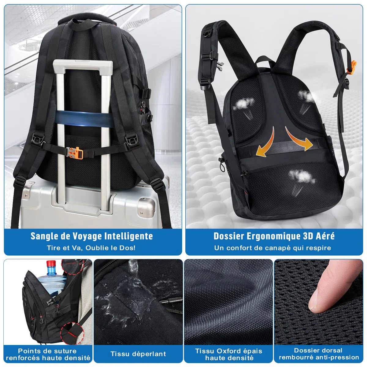 Cartable Garcon Primaire College 50cm Grande Sac à Dos Loisir Homme, Sacs Scolaire pour Ordinateur PC Portable 17 Pouces, Sacs pour Voyage Travail Affaire 12 13 14 15 16 17 18 19 20 10-23 Ans Ado Noir