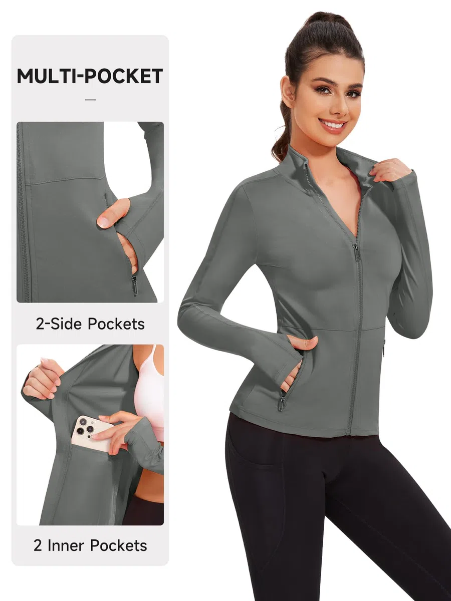 VUTRU Veste de course à pied pour femme - Veste de sport - Manches longues - Veste respirante avec poches - Trous pour les pouces avec fermeture éclair