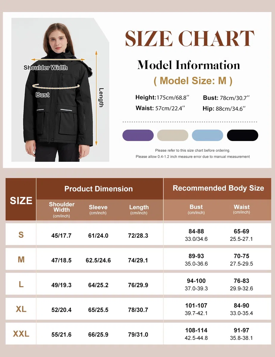 Voqeen Veste Ski Femme Blouson Femme Hiver Imperméable Pour la Montagne Veste Polaire Coupe-vent avec Capuche Amovible pour Femmes