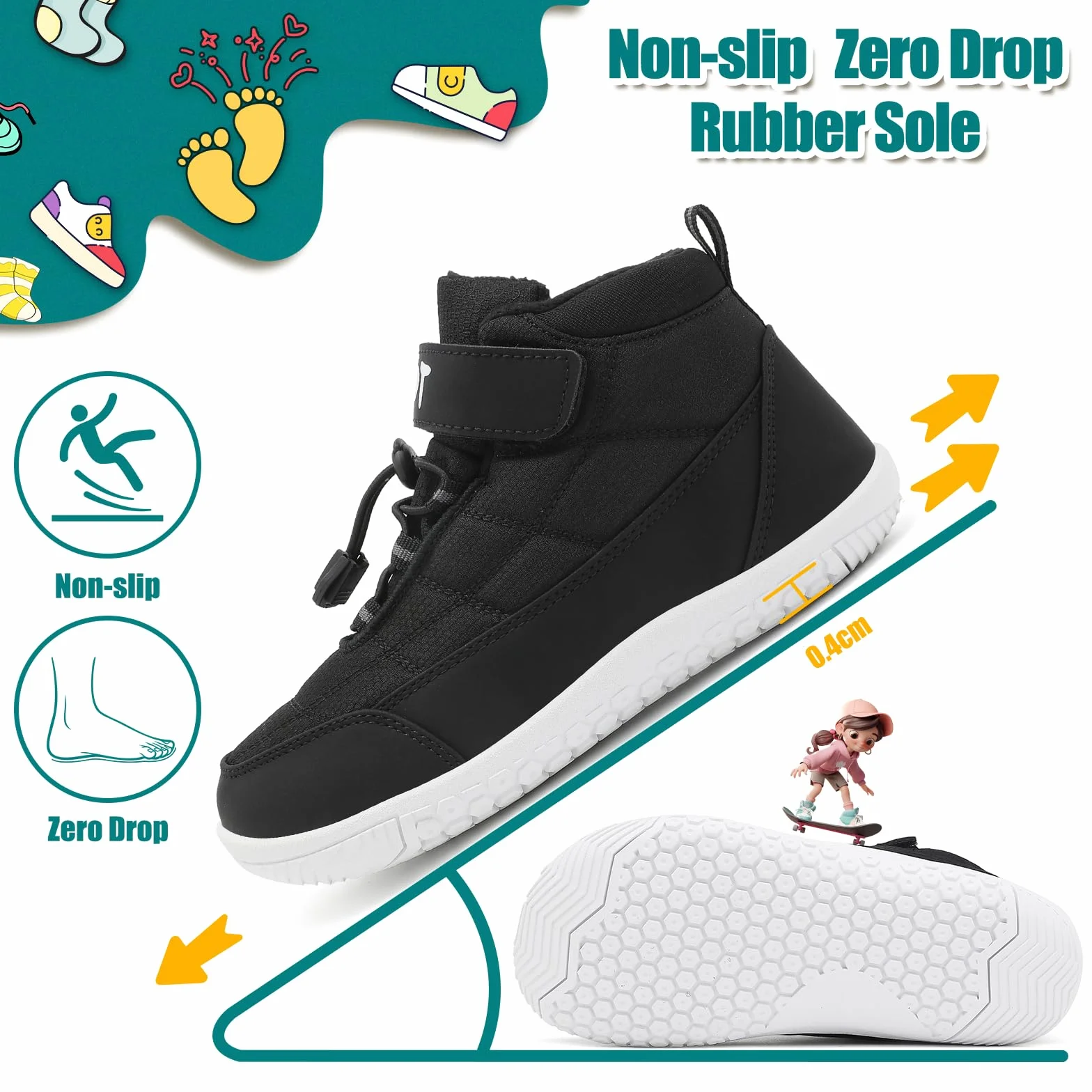 Wizshoe Chaussures Pieds Nus Enfants Trail Garcons Fille Minimaliste Barefoot Bottes Baskets Running Sneakers Léger Respirantes Antidérapantes Transition Printemps Automne Noir 34EU