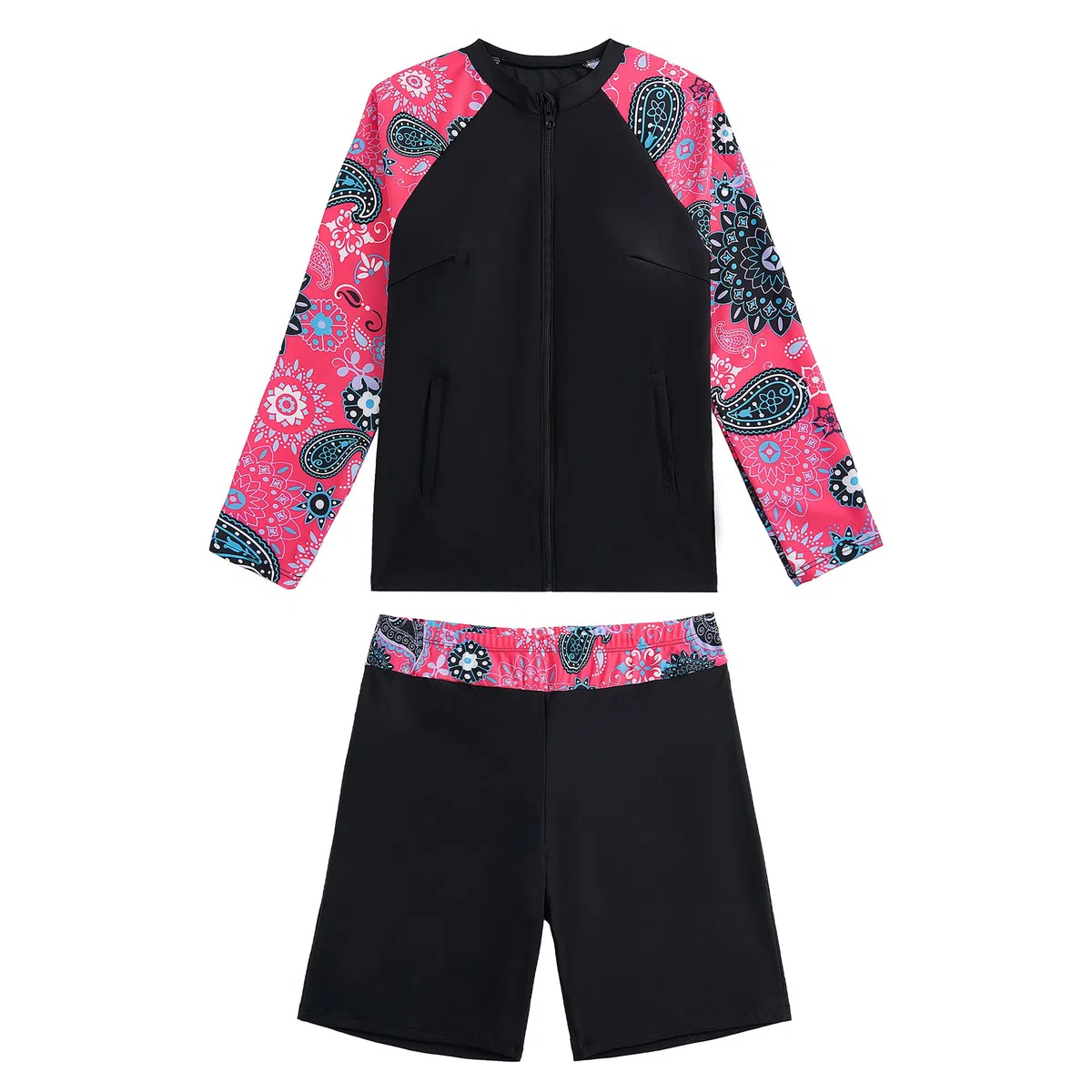 Owntop Maillot de bain 2 pièces UPF 50+ à manches longues avec fermeture éclair et short taille haute pour femme Natation Surf