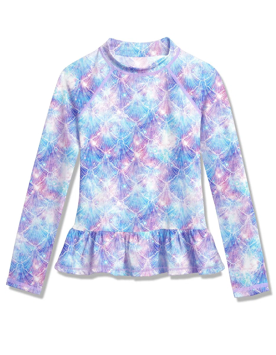 BesserBay Maillot de bain à manches longues et col rond pour fille UPF 50+ avec ourlet à volants 110-150