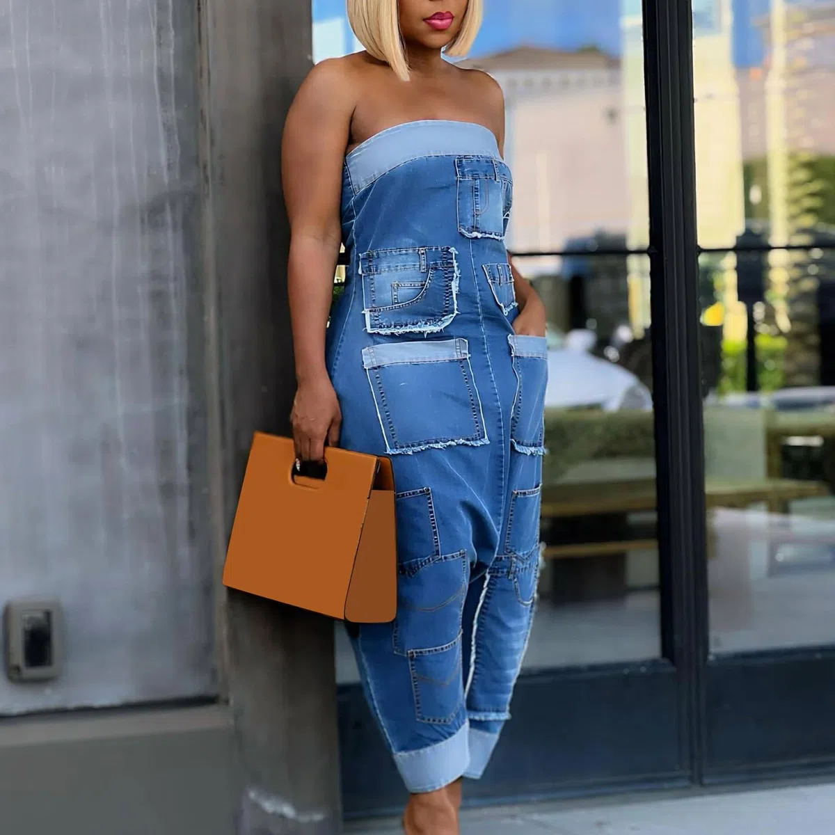 Combinaison en jean pour femme - Sans bretelles - En denim - Avec plusieurs poches - Patchwork stretch - Bandeau - Baggy - Clubwear - Une pièce - Pantalon décontracté