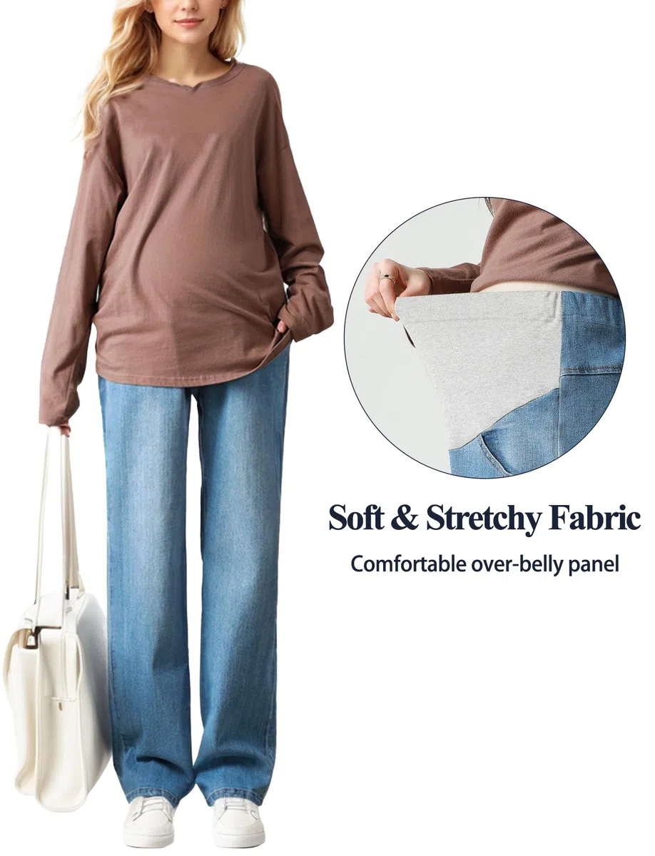 FEOYA Femmes Jean de Maternité Dames Pantalons de Sol Haute Taille Grossesse Pantalon Vêtements Jambe Large Pantalon Printemps Automne M-5XL