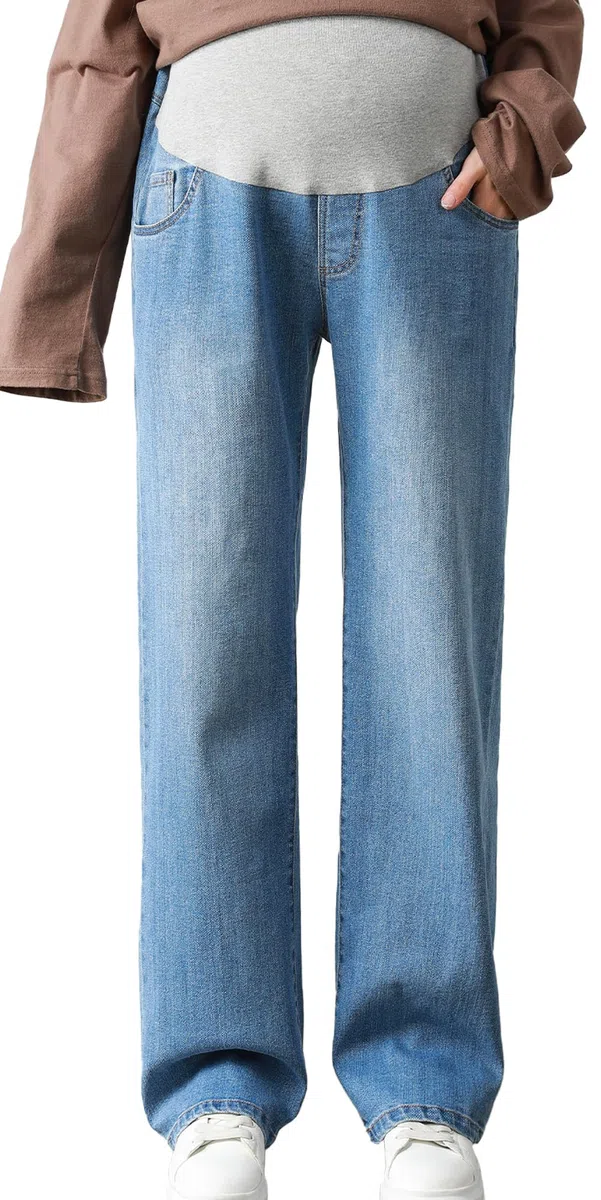FEOYA Femmes Jean de Maternité Dames Pantalons de Sol Haute Taille Grossesse Pantalon Vêtements Jambe Large Pantalon Printemps Automne M-5XL