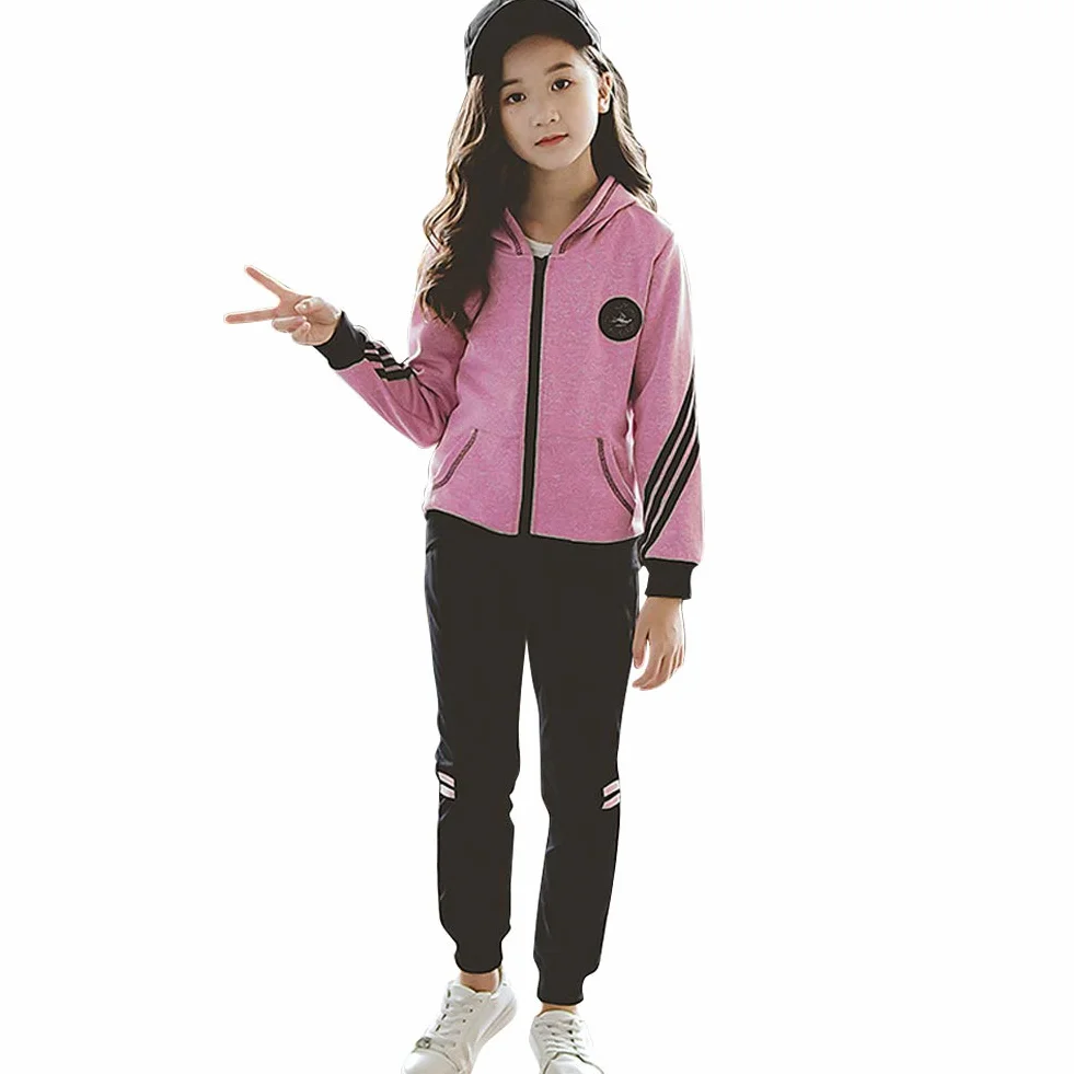 Survêtement Fille Encapuchonné Sweat à Capuche Ensemble de Sport 2/3 Pièces Veste Pantalon de Sport Sweat-Shirt Zippé Vêtement de Printemps Automne Costume Jogging Joggers