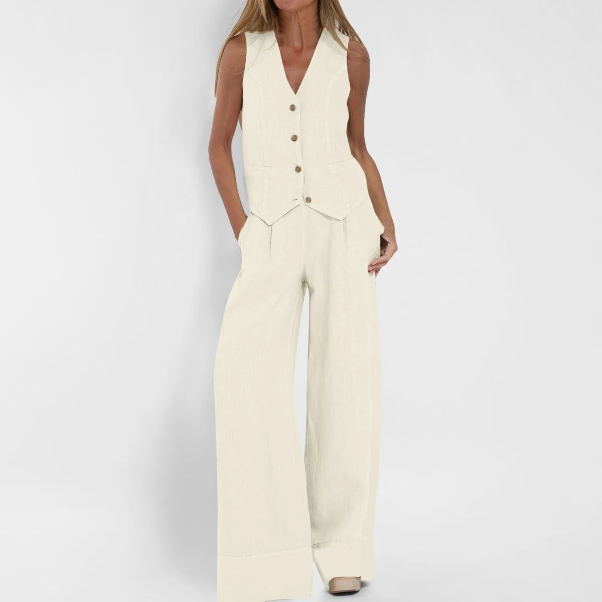 Ensemble Femme Chic Et Elegant - avec Col en V sans Manches Gilet Pantalon 2 Pièces d'affaires Fluide Coton Lin Bureau Vêtement Tailleur Couleur Unie Costume Ete Soirée Décontractée Tenue