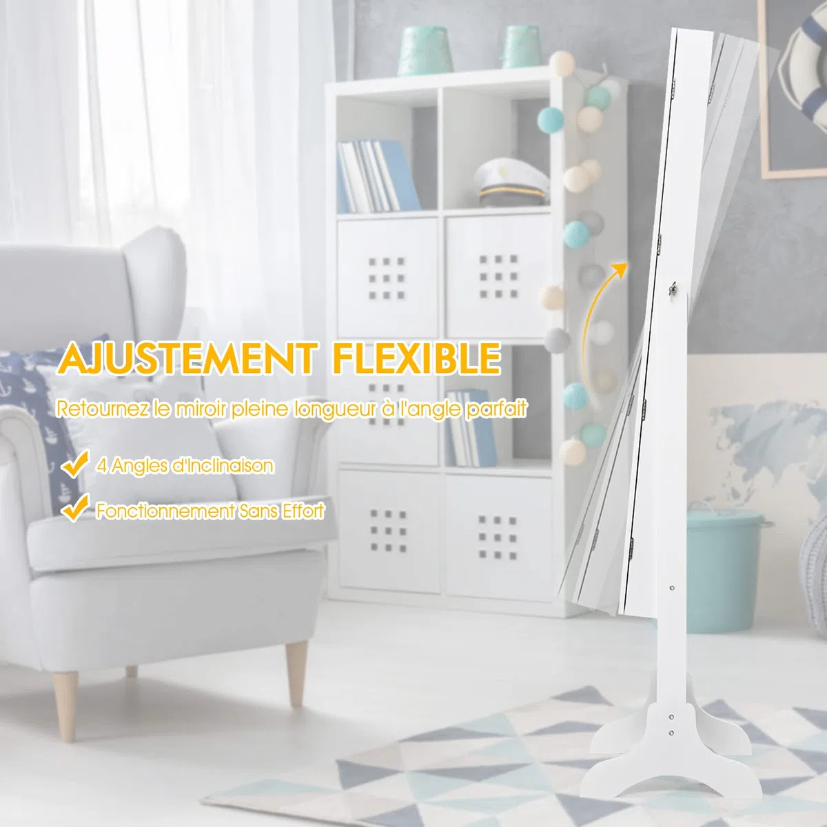 RELAX4LIFE Armoire à Bijoux sur Pieds avec Miroir Pleine Longueur HD 4 Angles Réglables, Armoire à Bijoux avec Grand Espace de Rangement pour Chambre, Vestiaire, Salle de Bain (Blanc)