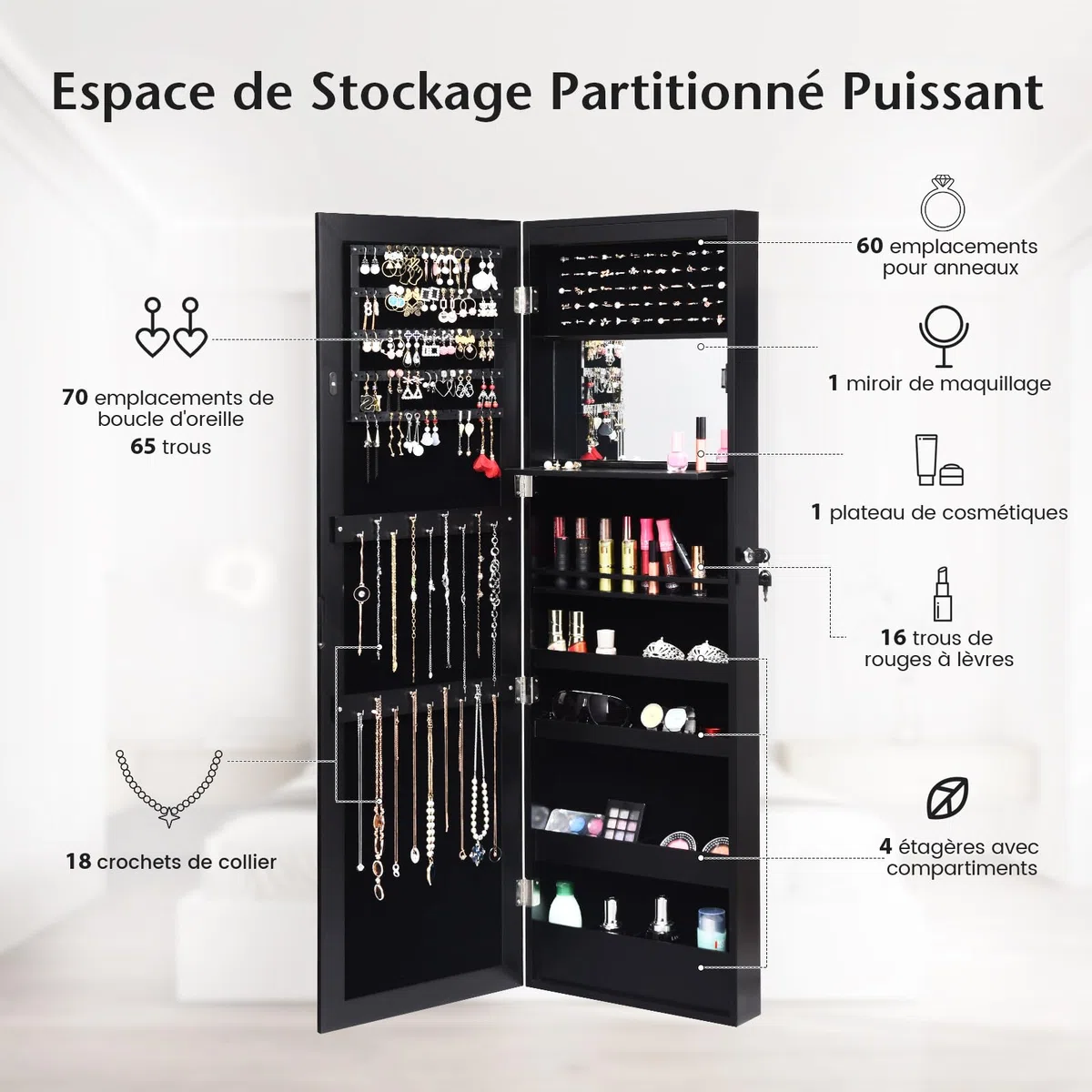 COSTWAY Armoire à Bijoux Murale avec Miroir 12 LED, Meuble de Rangement Verrouillable Pleine Longueur, Organisateur de Bijoux avec Étagères de Rangement, Style Scandinave, Noir