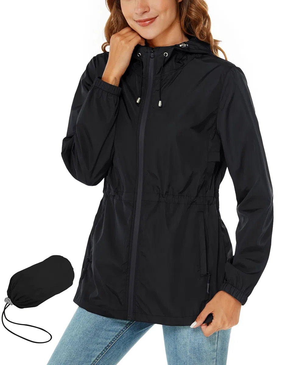 Rapbin Imperméable pour femmes, veste de pluie légère et pliable, avec capuche et poche, style trench-coat