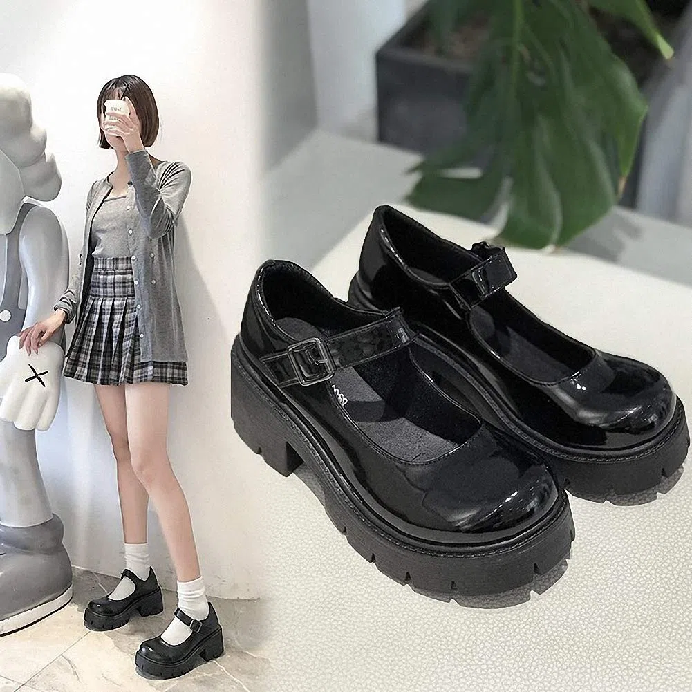 Mary Janes Chaussures à Plateforme pour Femme - Escarpins Gothiques en Cuir Verni