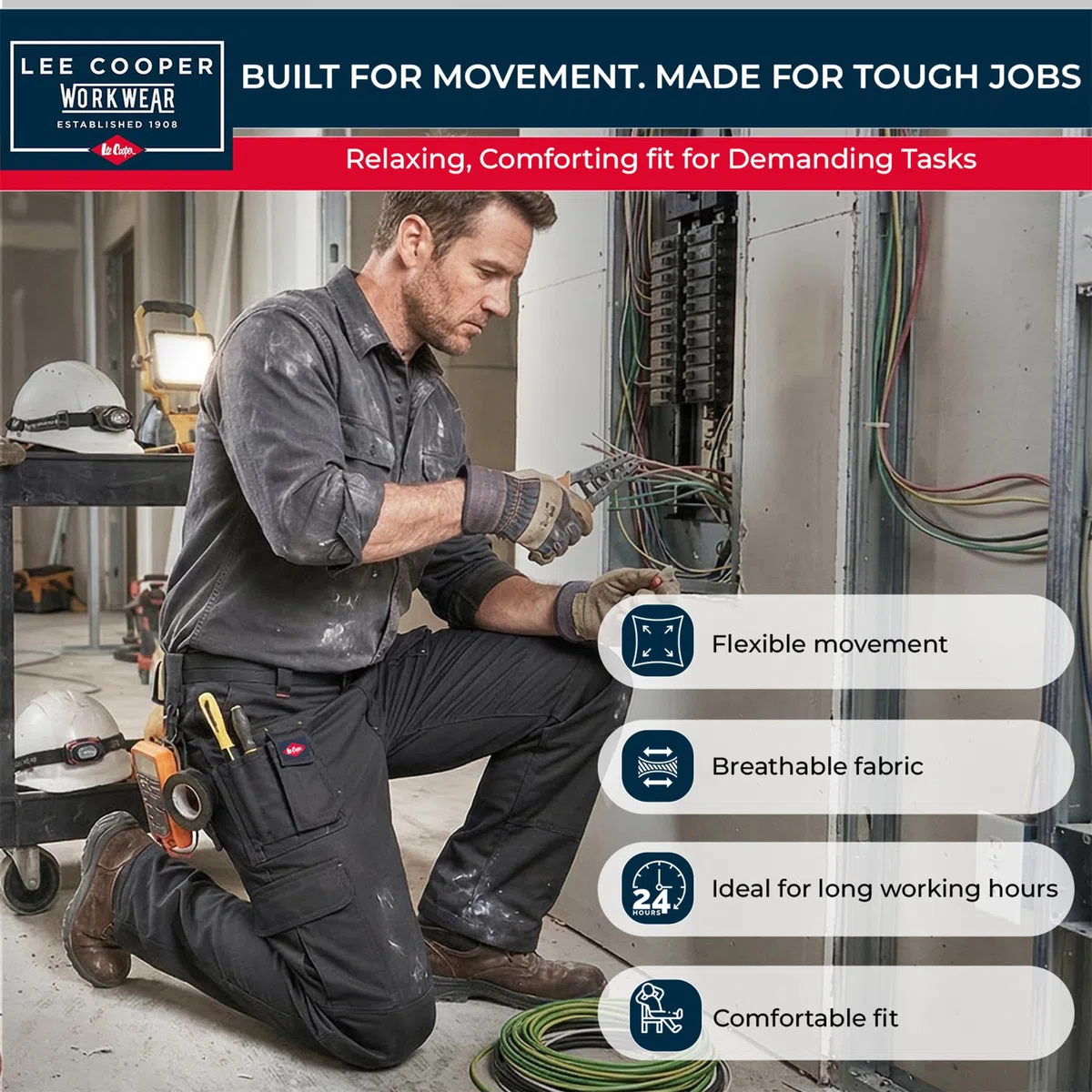Lee Cooper Pantalon Travail Homme Cargo avec Poches Genou 320 GSM – Workwear Résistant Multi Poches, Pantalon Sécurité Entretien Facile pour Chantier (Noir, 32W/33L)