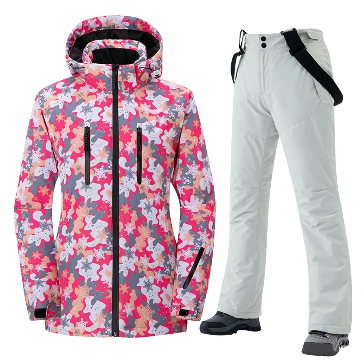 Combinaison de Ski Femme, Veste Manches Longues et Pantalon-Coupe-Vent-Imperméable pour Alpinisme Ski avec 2 Poches Avant et Fermeture éclair Ensembles de Neige Veste pour Femme-Hiver Chaud Tenue