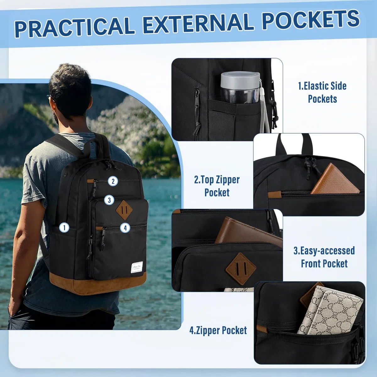 Chase Chic Sac A Dos Homme Femme, Sac D'école Antivol Sac De Ville D'affaires Loisirs Résistant à L'eau Pour College Travail École Voyage Adolescent étudiants 18,8L