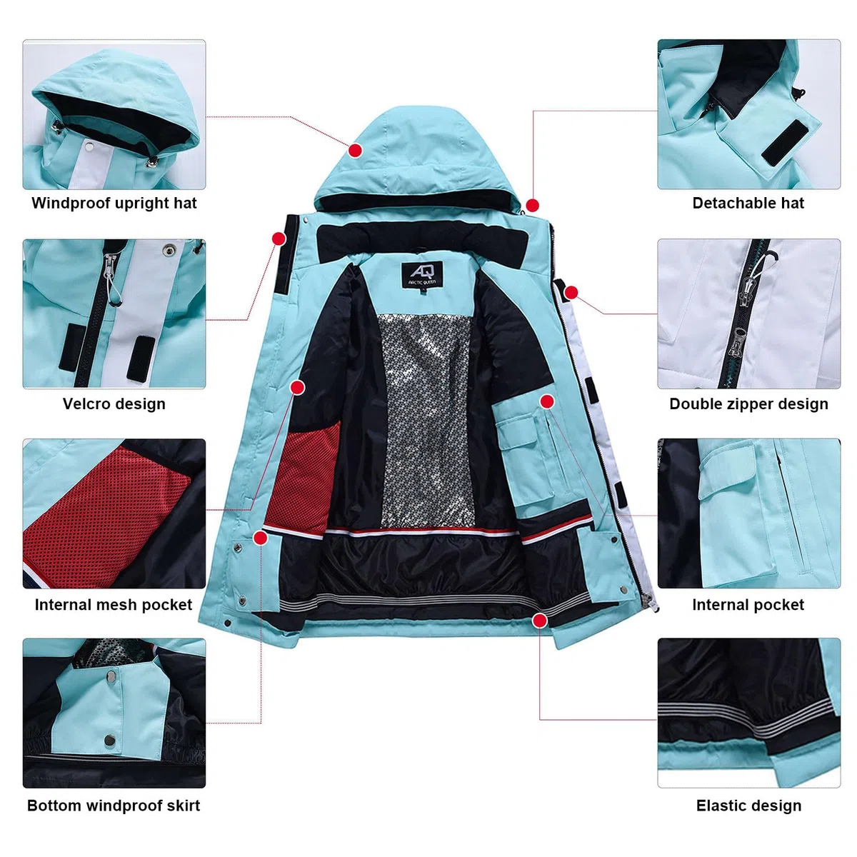 ALSOGO Ensemble veste de ski et pantalon de ski pour femme - 2 pièces - Combinaison de neige imperméable et chaude - Veste d'hiver avec capuche amovible pour le ski, le snowboard, la neige - Pantalon