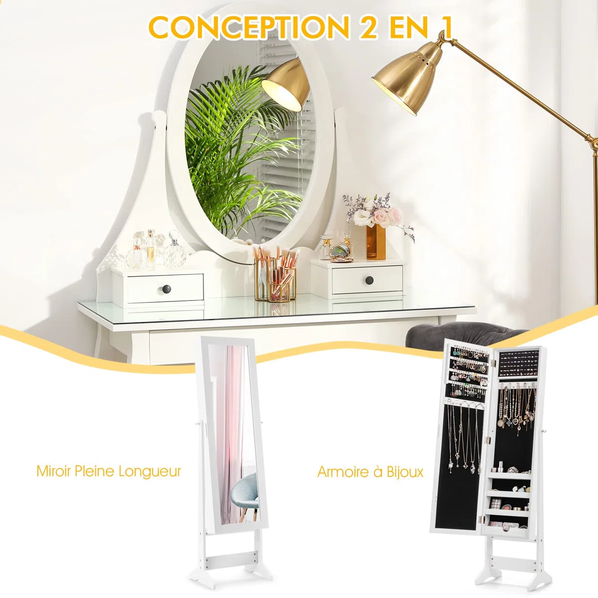 RELAX4LIFE Armoire à Bijoux sur Pieds avec Miroir Pleine Longueur HD 4 Angles Réglables, Armoire à Bijoux avec Grand Espace de Rangement pour Chambre, Vestiaire, Salle de Bain (Blanc)
