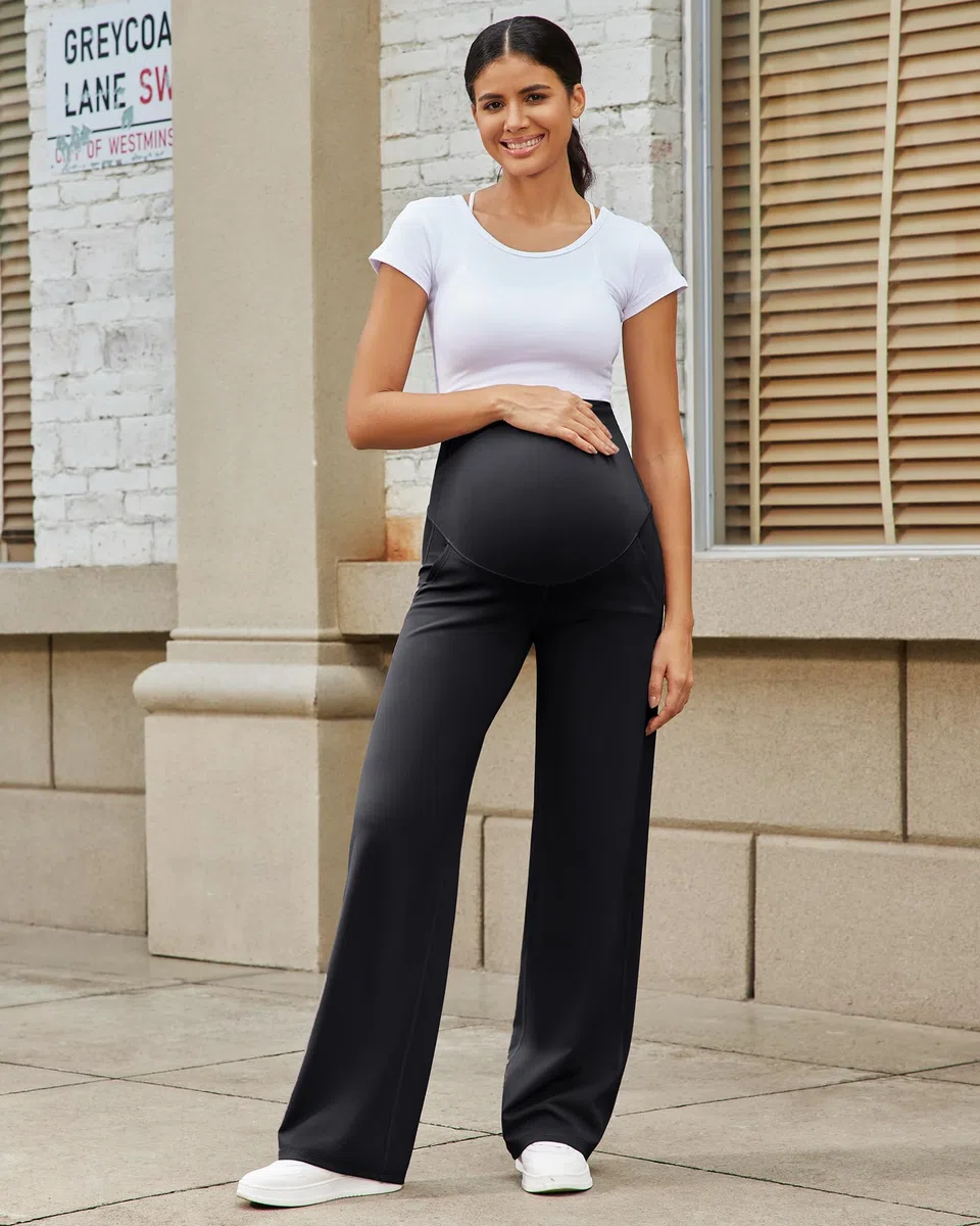 G4Free Pantalon Grossesse Femme Pantalons Maternité au-Dessus du Ventre pour Yoga Travail Pantalon Extensible à Jambes Larges avec Poches