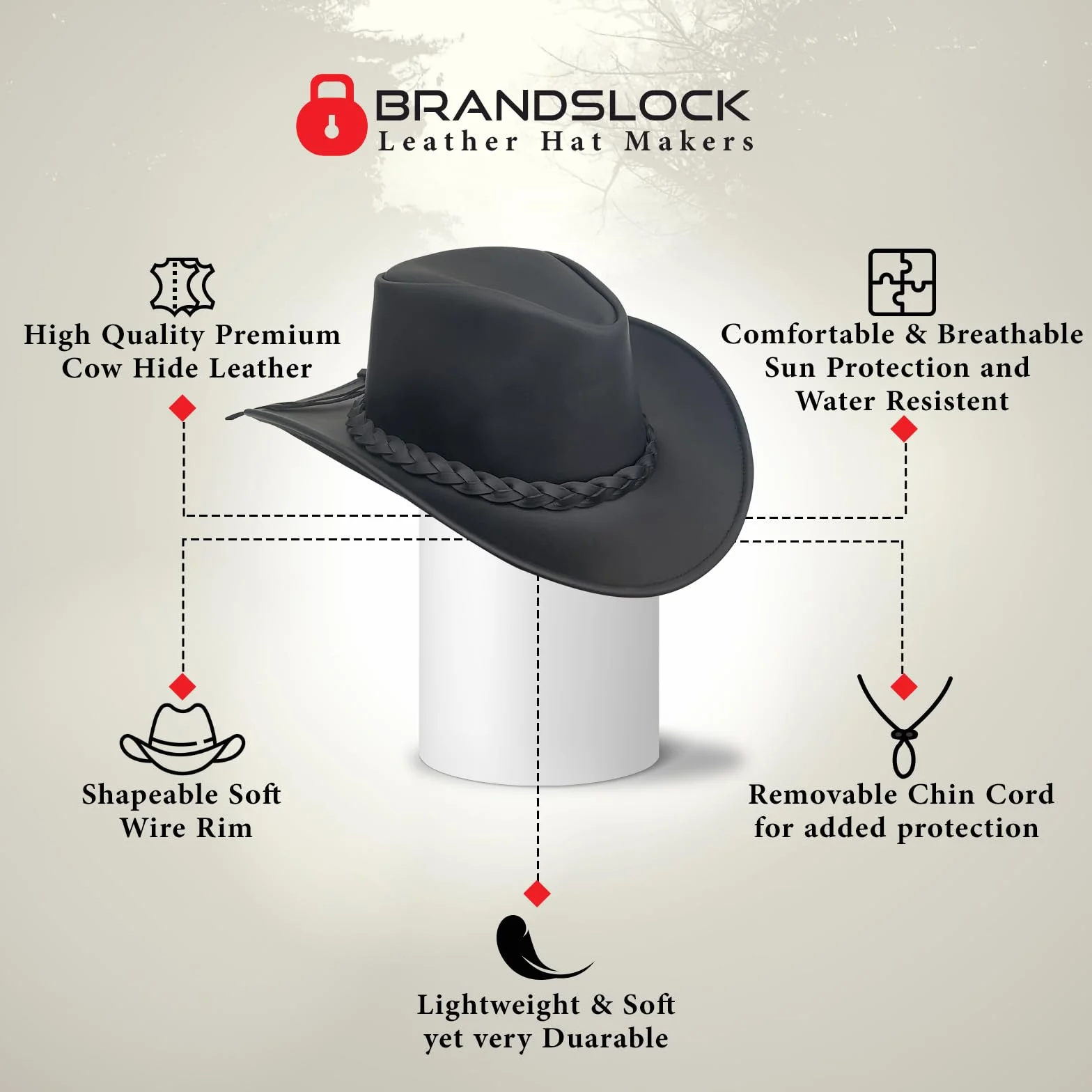 Pamposh Chapeau de Cowboy en Cuir pour Homme Fait à la Main à Large Bord Durable