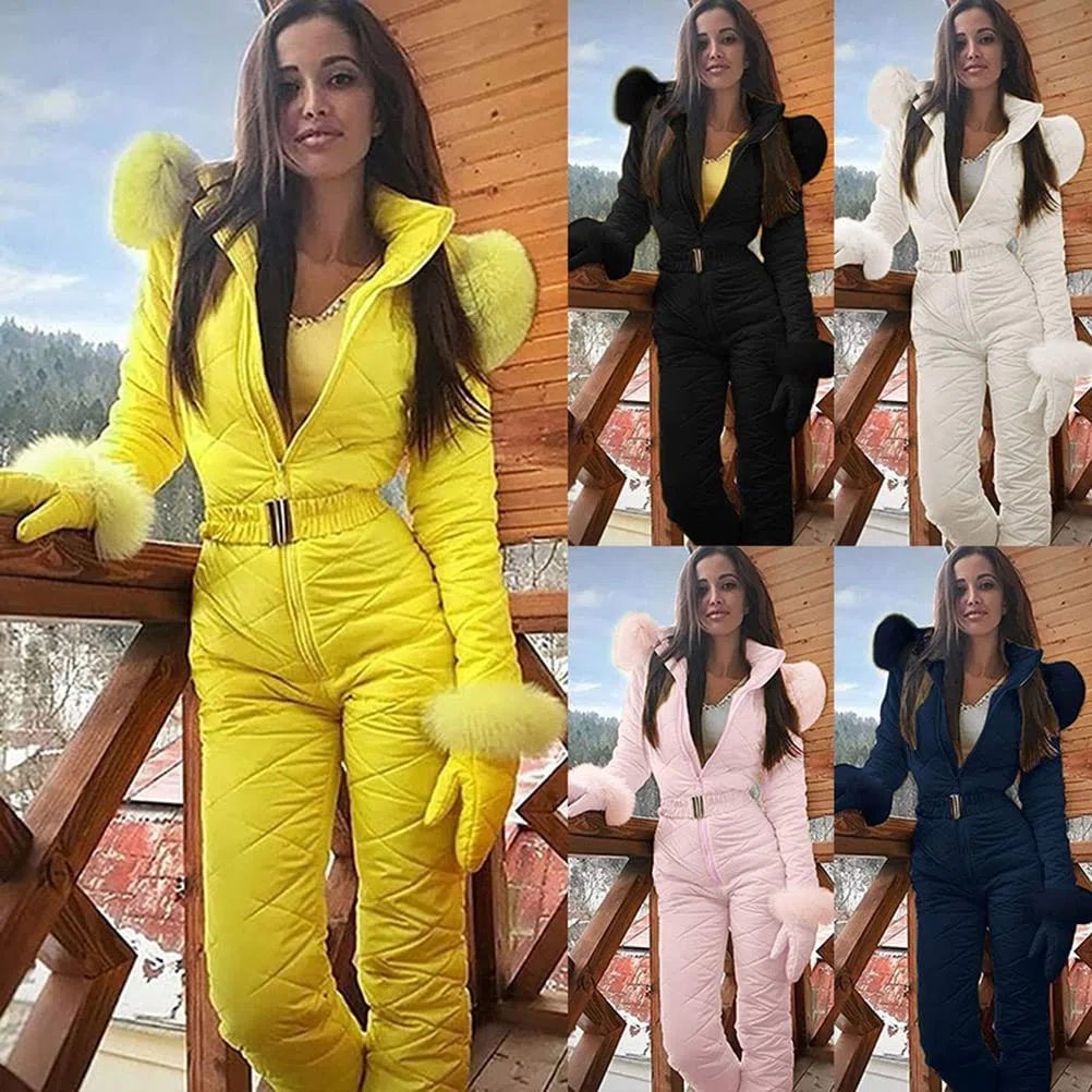 Tomwell Combinaison de Ski Femmes Hiver Couleur Unie Chaud Peluche Capuche Overall Neige Sports De Plein Air Zipper Ski Suit Imperméable Jumpsuit