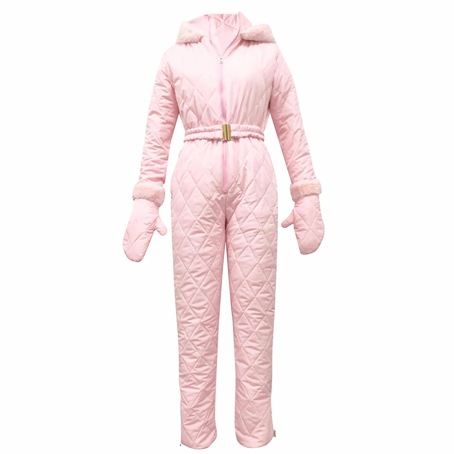 Combinaison de ski une pièce pour femme - Combinaison de neige longue avec imprimé à carreaux - Combinaison de ski avec fourrure chaude - Combinaison d'hiver avec ceinture élégante - Imperméable