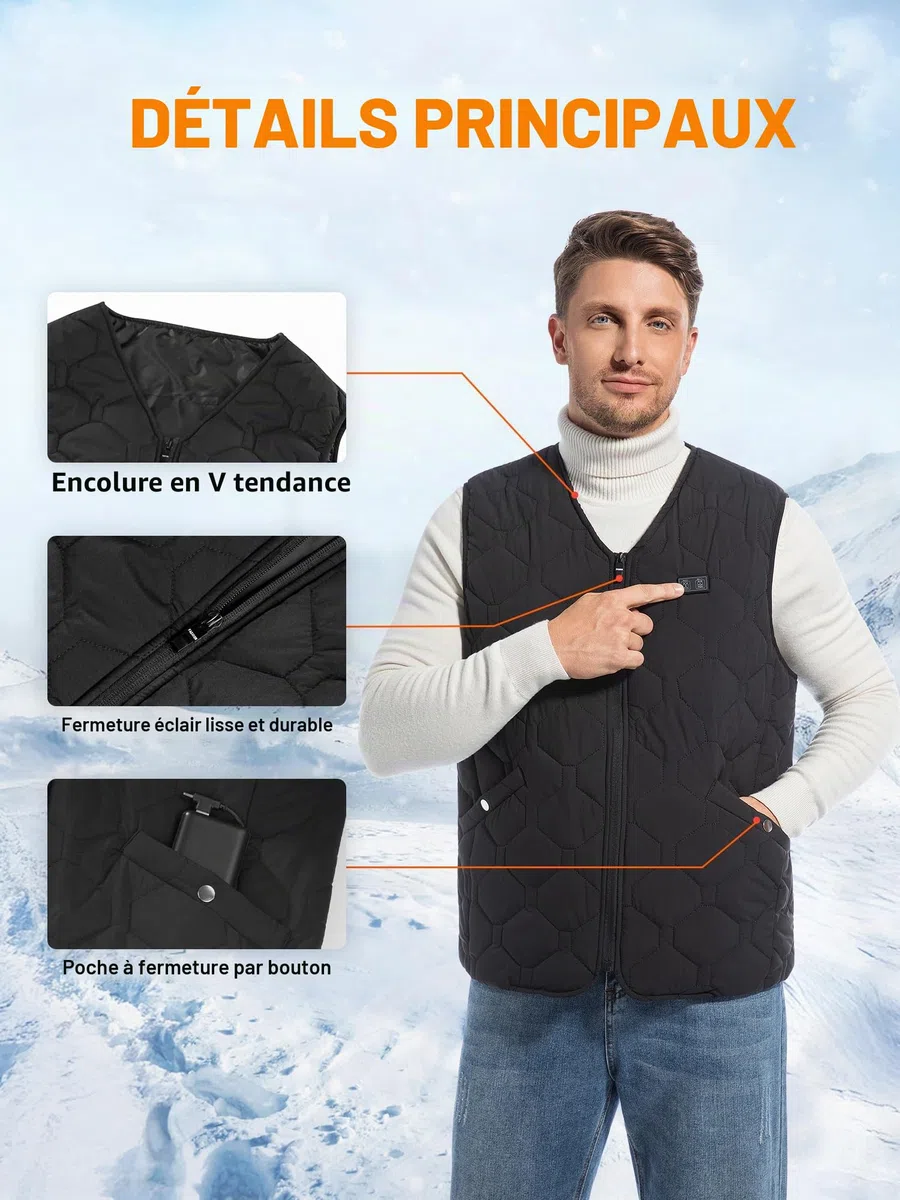 Rrtizan Gilet chauffant pour homme et femme avec batterie externe, gilet chauffant avec 3 niveaux de température et 15 feuilles de chaleur, veste chauffante électrique sans manches, lavable pour