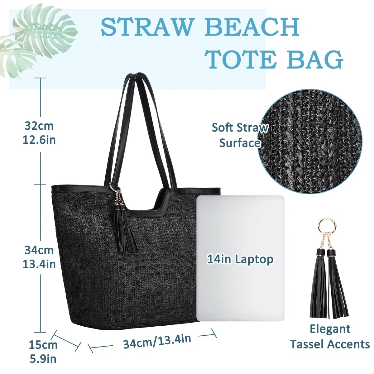 VASCHY Sac Cabas Femme Plage Paille, Grand Sac à Main Fourre Tout d'Été Tissé Boho Recyclable Léger avec Fermeture Éclair pour Voyage Vacances