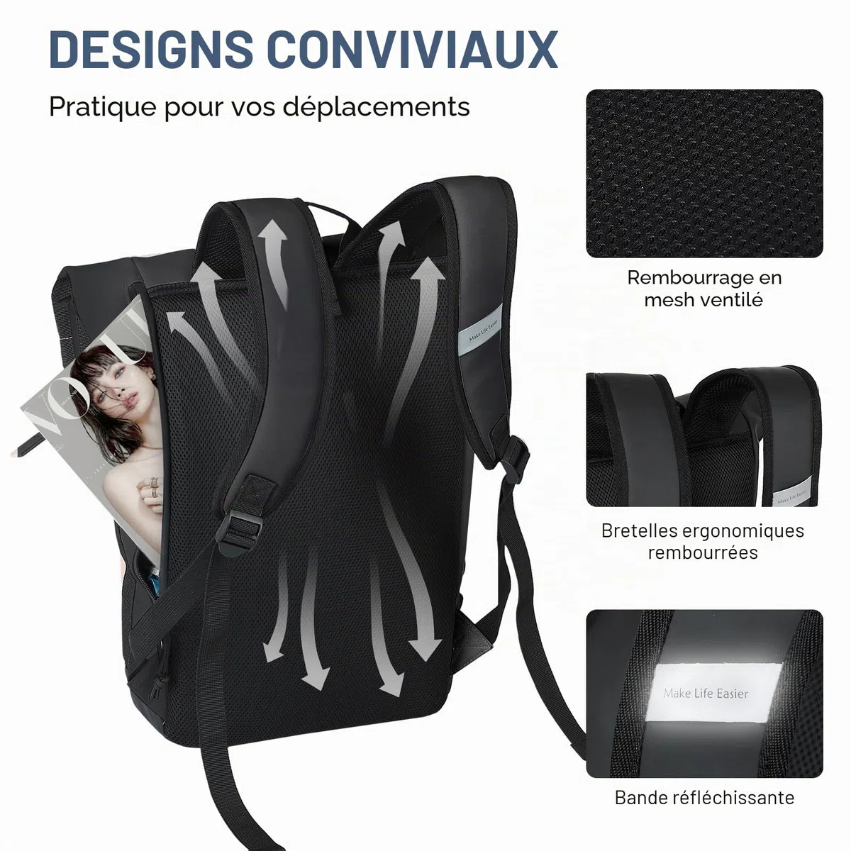 Lekeinchi Rolltop Sac à dos élégant pour ordinateur portable de 17 ", étanche, grand sac à dos de voyage, sac à dos d'école, pour les voyages, l'université, le travail