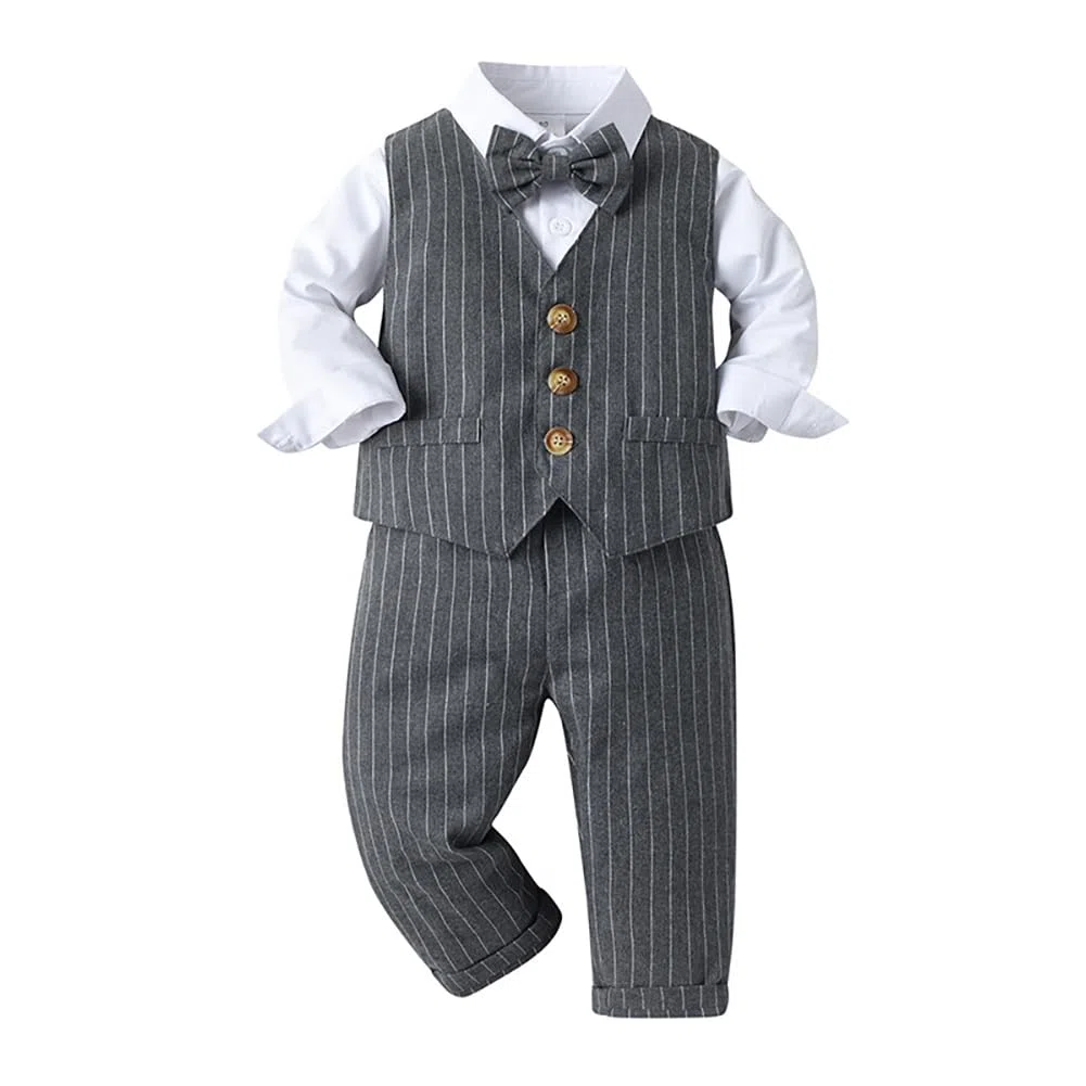 FYMNSI Costume festif pour bébé garçon - Costume gentleman - Costume de baptême - Chemise à manches longues avec nœud papillon - Pantalon - Gilet - 3 pièces