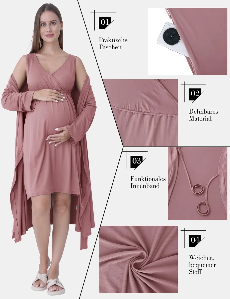SUNNYBUY Chemise de nuit de grossesse et d'allaitement avec robe de chambre 2 pièces | Ensemble de vêtements de nuit de grossesse 3 en 1 pour naissance, puériculture et allaitement, vêtements de nuit