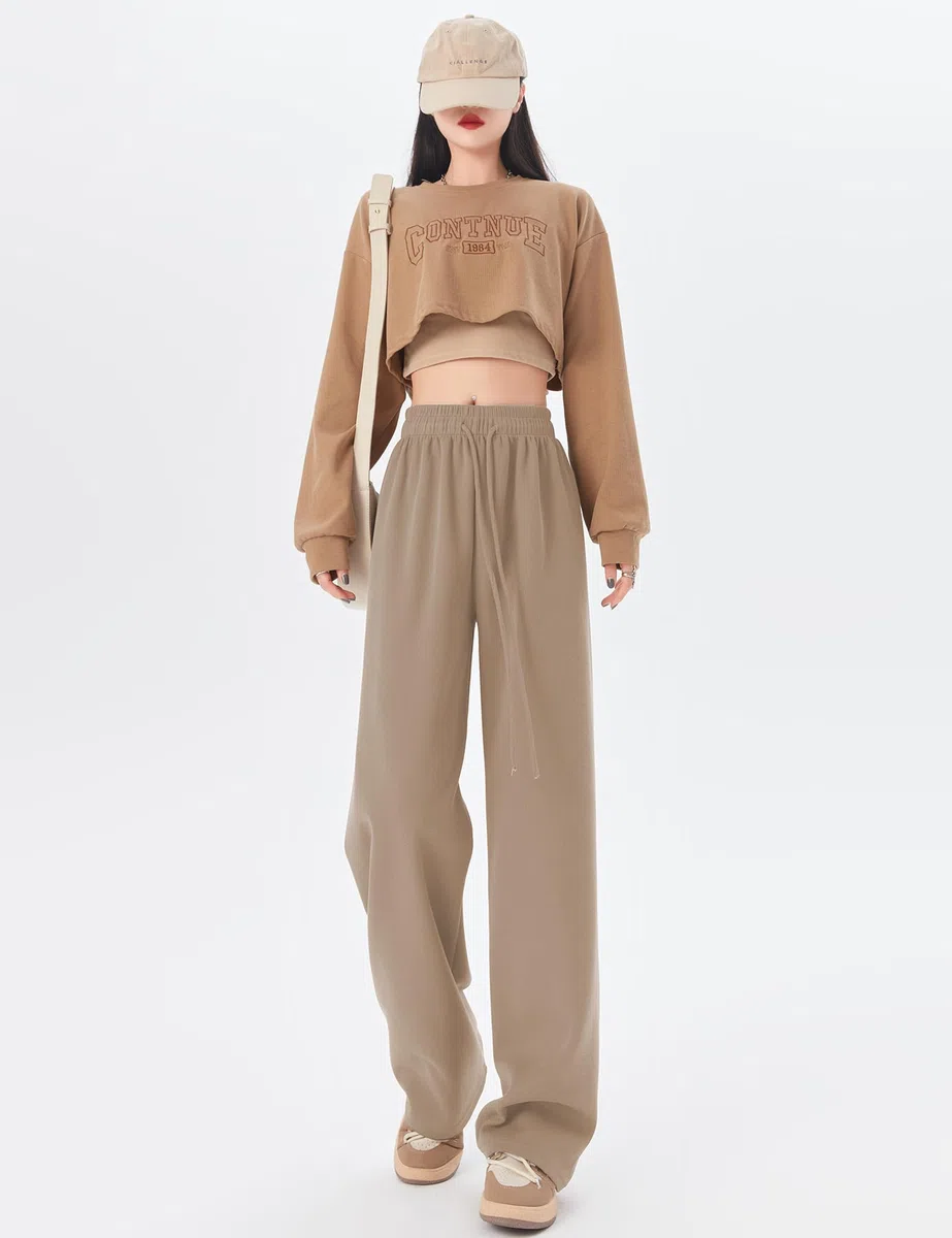 Kiench Pantalon de Jogging Taille Haute pour Ado Fille Jambes Larges avec Cordon de Serrage