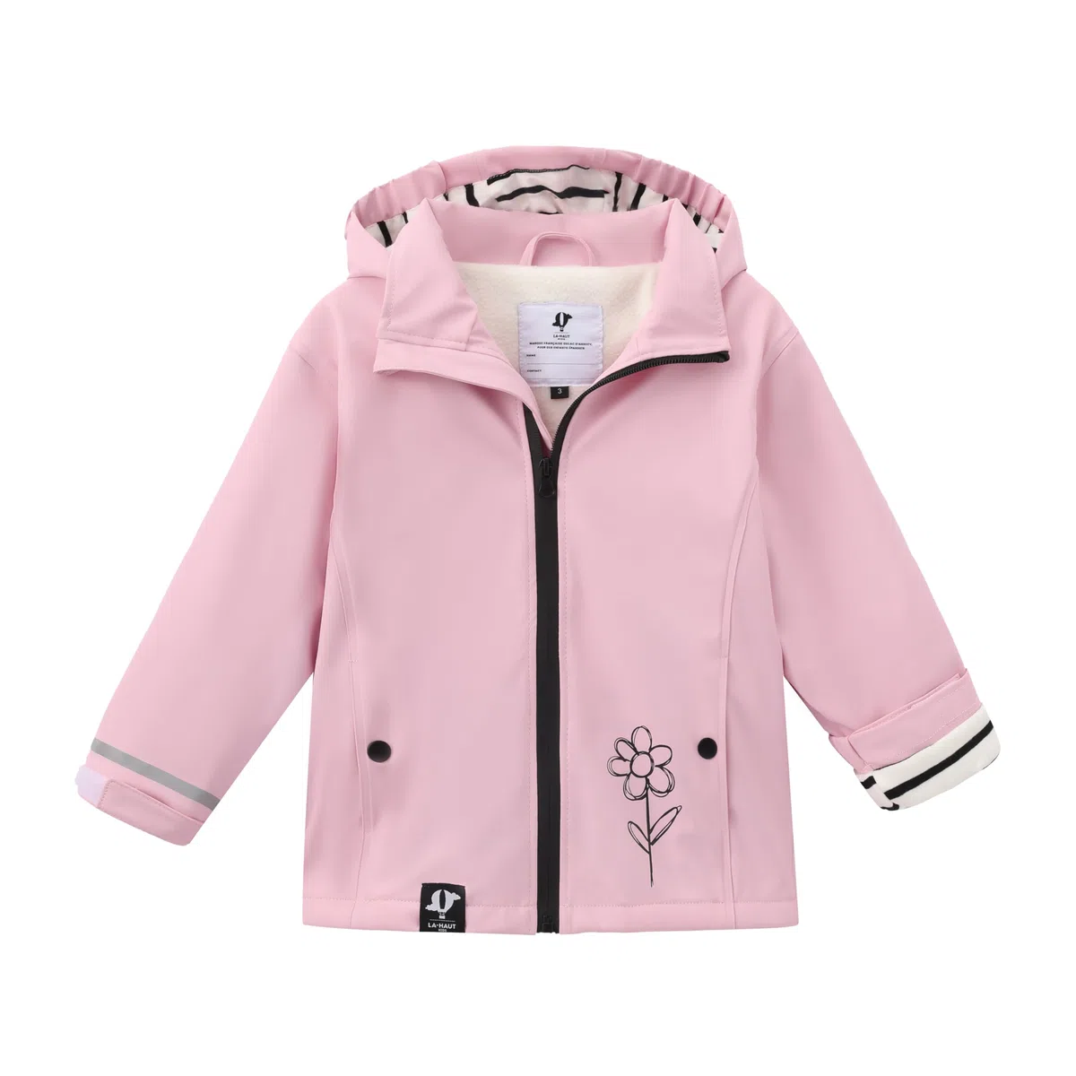 Ciré Imperméable 2 à 5 ans intérieur polaire fleece unisexe fille garçon avec Doublure Rayée sur capuche, Fermeture Éclair waterproof, Matière PU recyclable et minimisée de pollution