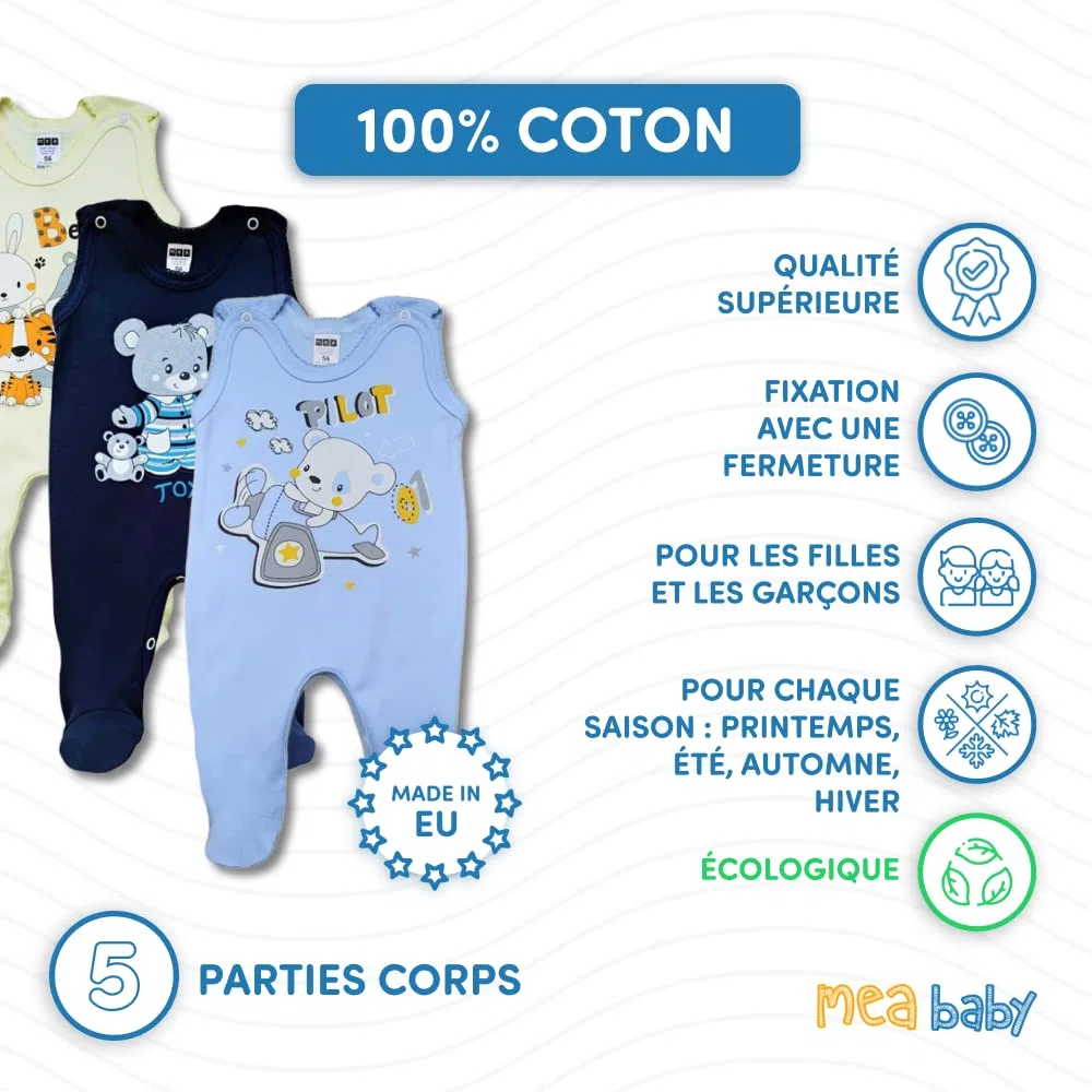 MEA BABY grenouillère bébé 100% coton lot de 5 imprimé filles garçons