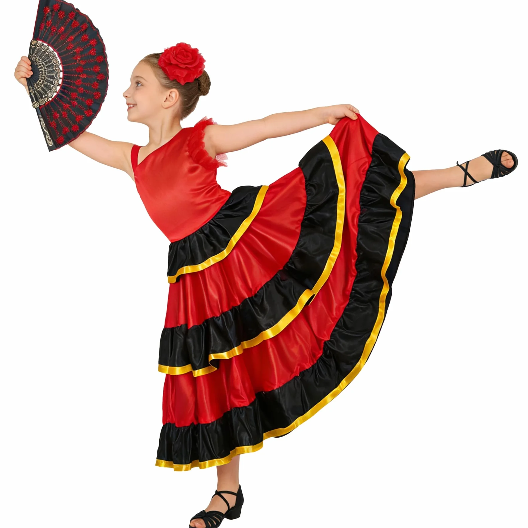 LOLANTA Robe Flamenco à Volants pour Fille, Style Sevillana Espagnol, avec Fleur Rouge et Éventail, 5-13 Ans