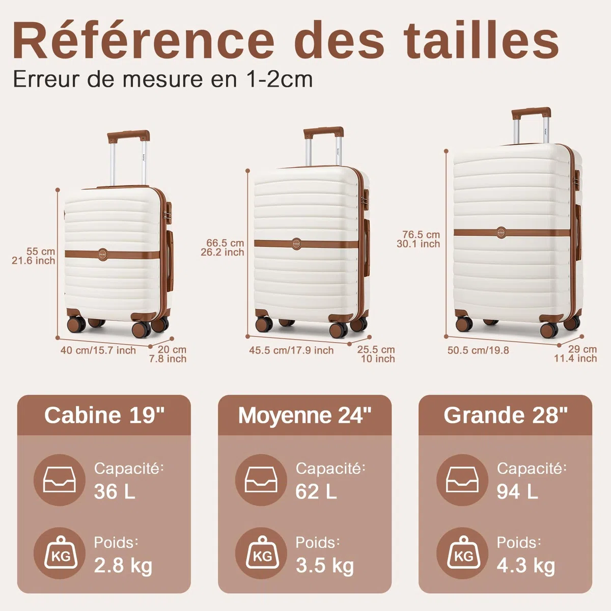 Kono Valise Rigide Valise Grande Taille Valise de Voyage ABS+PC avec 4 roulettes et Serrure 76.5x50.5x29 cm 94L Trolley de Voyage, Crème/Marron