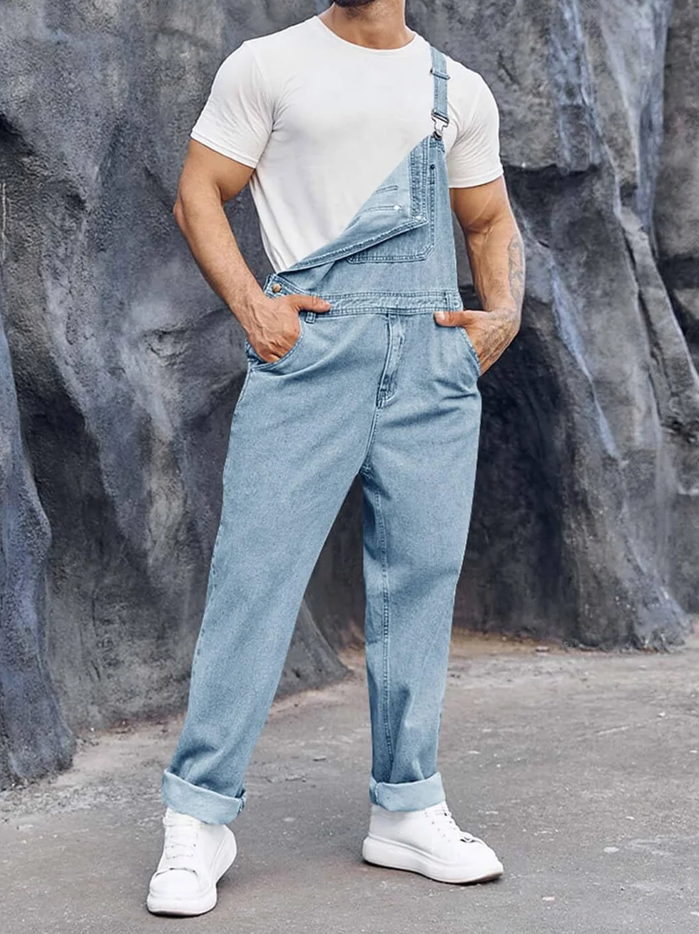 Runcati Salopette en denim pour homme - Pantalon de travail - Pantalon d'été streetwear - Décontracté - Bretelles réglables