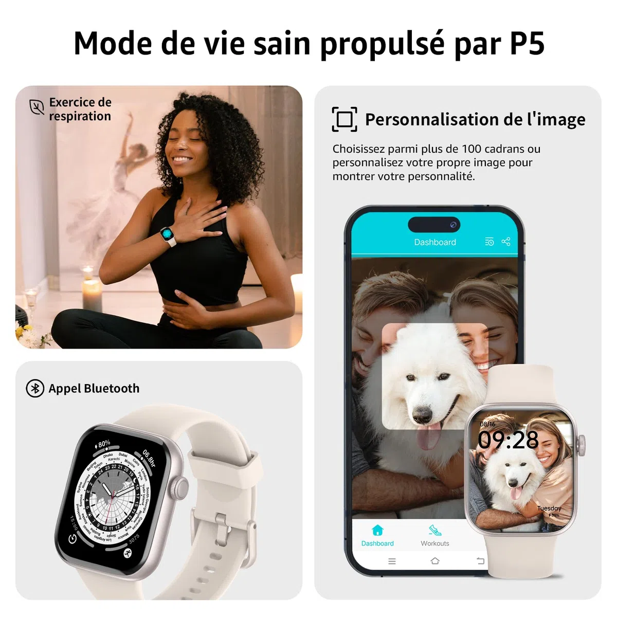 Smartwatch 1.85" HD Appel Bluetooth 140+ Mode Sport Moniteur Sommeil Fréquence Cardiaque IP68 Etanche Android iOS