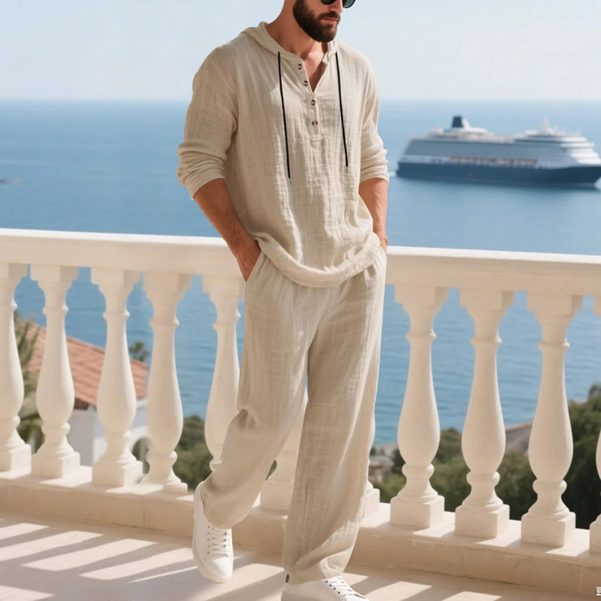 Ensemble Homme 2 Pièces en Lin Printemps Été 2026,T-Shirt À Capuche Et Pantalon Tenues D'Été Manches Longues Ensemble Jogging Homme Chemise Boutonnée Survêtement Ensembles Streetwear Loisirs
