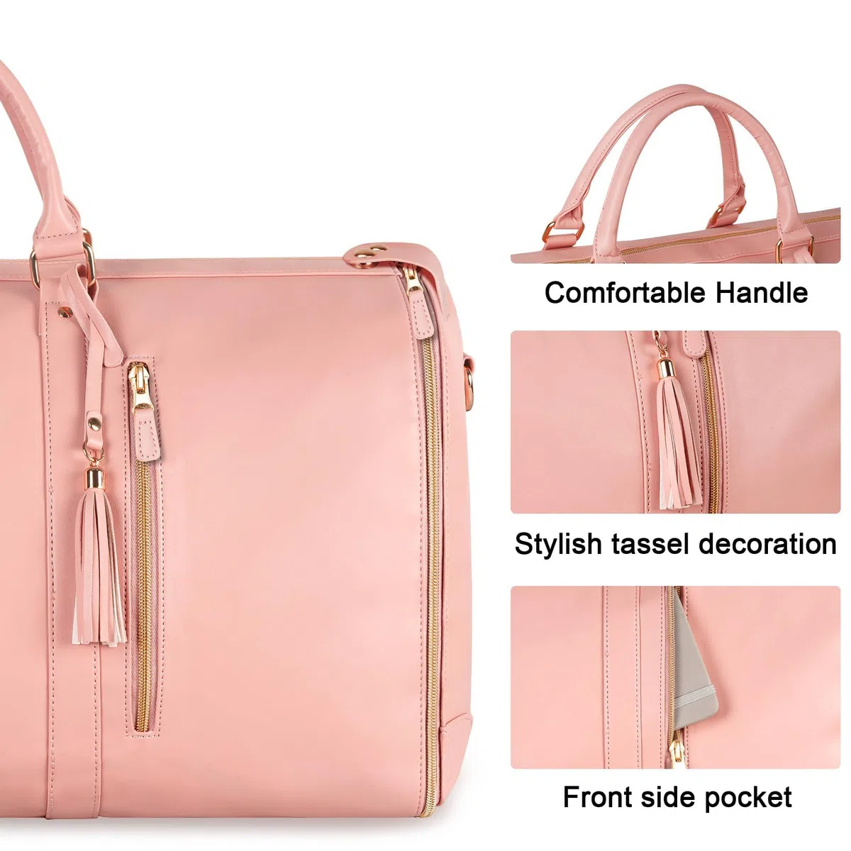 Sac de Voyage Convertible, 2 en 1 Housses Vêtements à Suspendre Sac de Voyage avec Compartiment à Chaussures pour Femme, Valise à Suspendre avec Bandoulière en Cuir PU, Rose