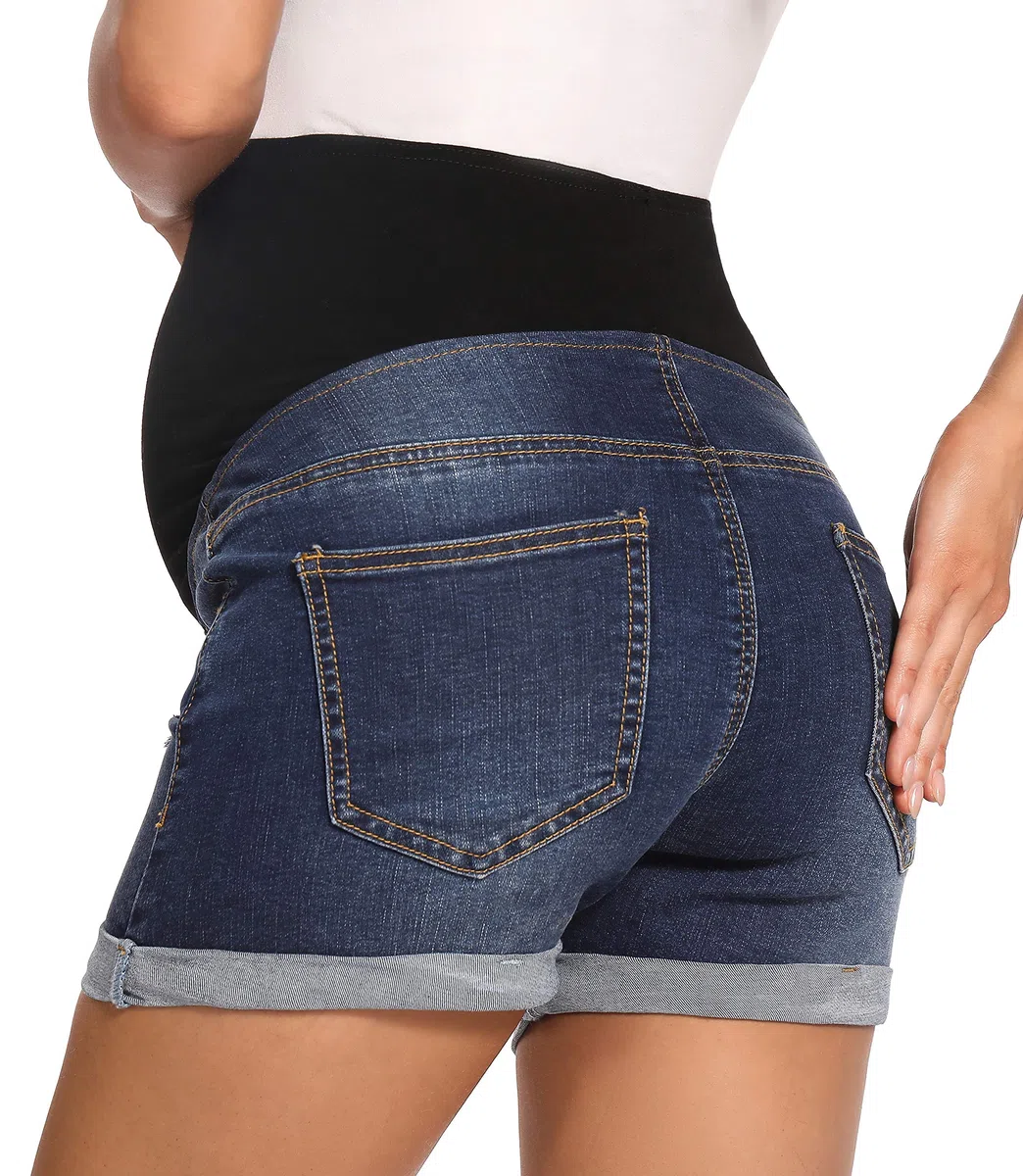 Foucome Short en jean de maternité sur le ventre Short de grossesse en jean taille haute ourlet revers Short en jean