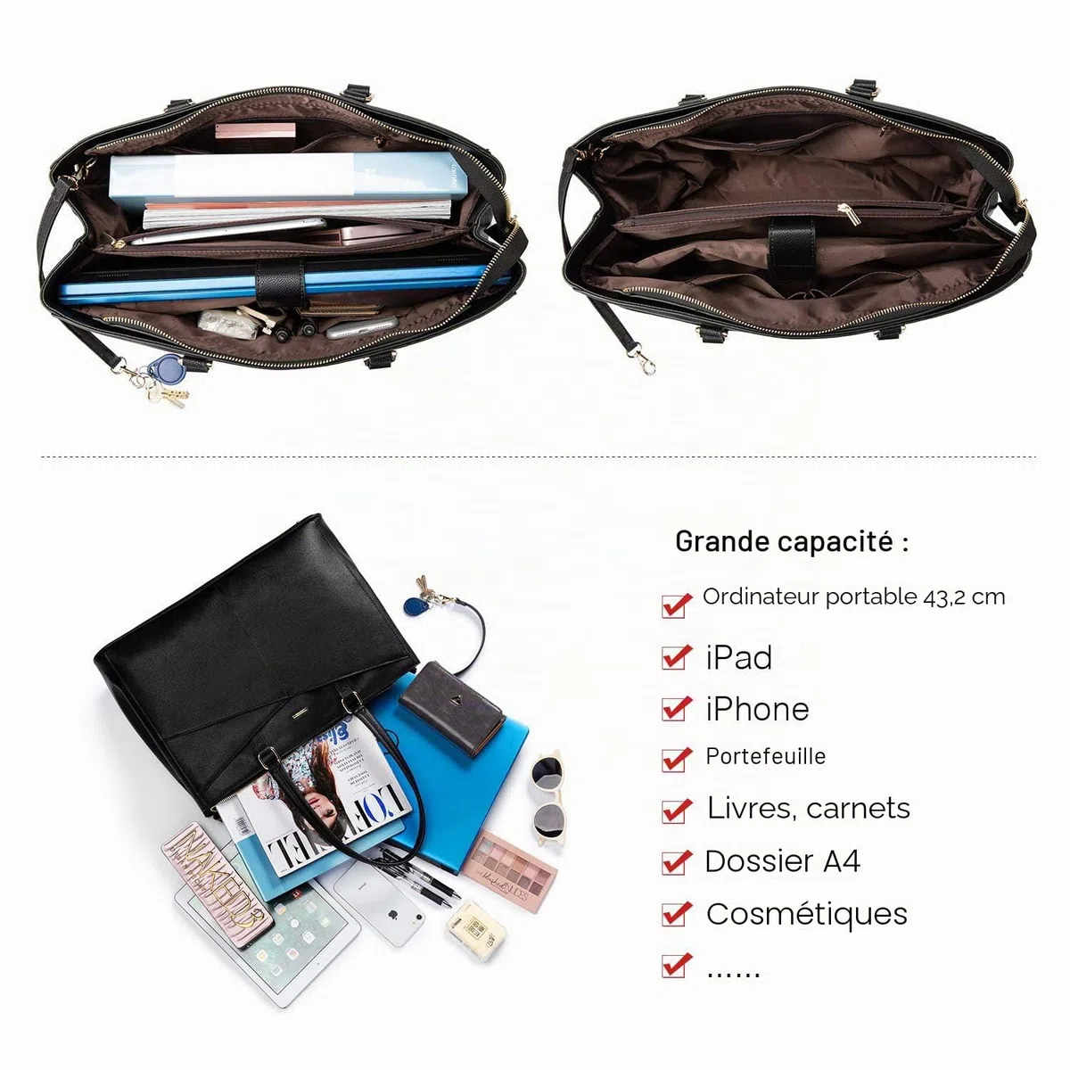 LOVEVOOK Sac pour ordinateur portable femme 17 pouces, Sac à main femme Sac de travail Sac d'enseignant Grand, Imperméable Sac shopping Sac à bandoulière Porte-documents Sac bandoulière Tote Bag pour