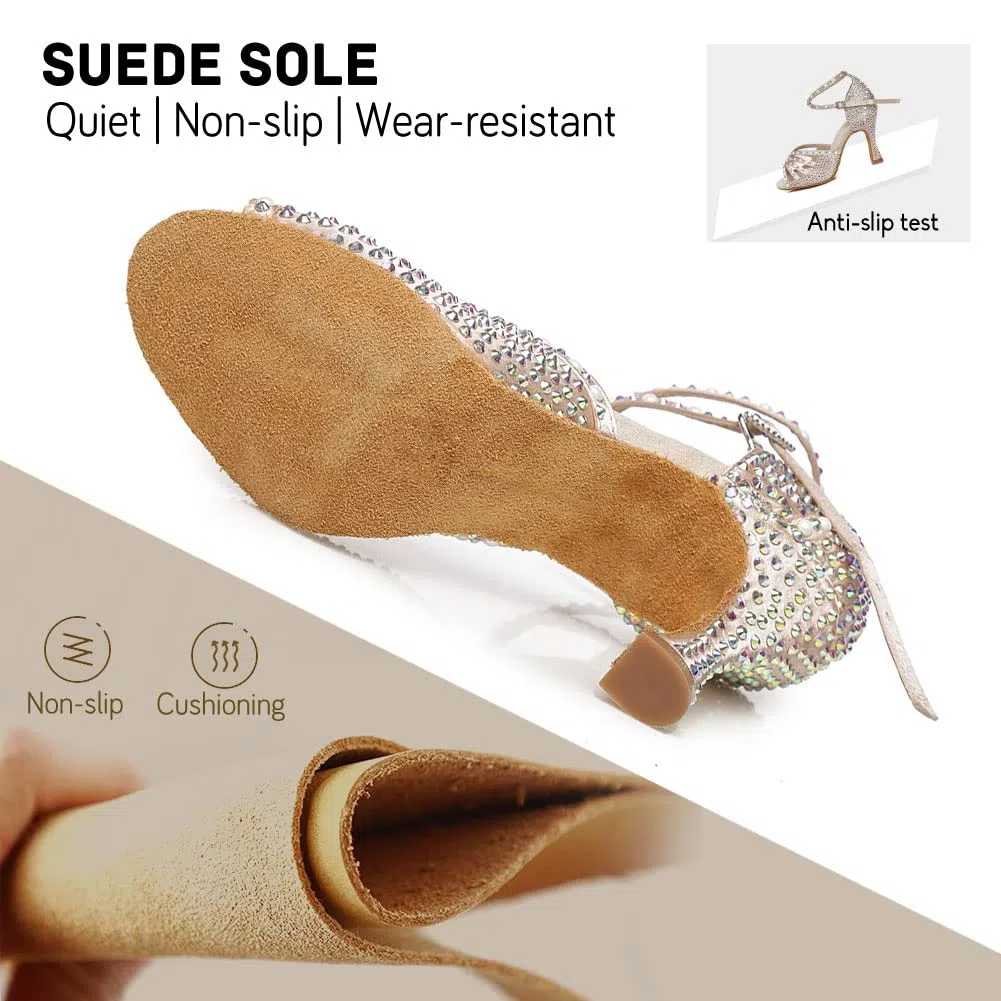JUODVMP Chaussures De Danse Latine Salsa pour Femmes Strass 7.5cm Talon Haut Salle De Bal Tango Mariage Performance Chaussures De Danse