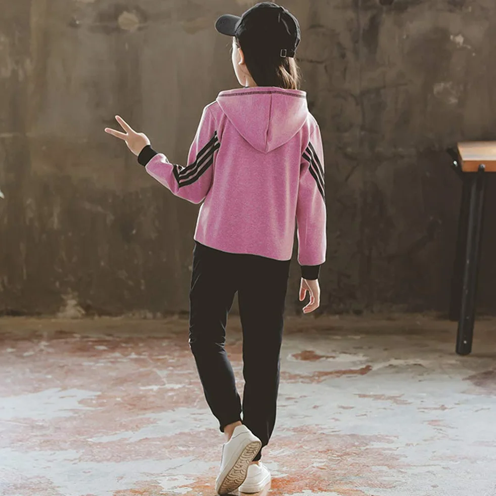 Survêtement Fille Encapuchonné Sweat à Capuche Ensemble de Sport 2/3 Pièces Veste Pantalon de Sport Sweat-Shirt Zippé Vêtement de Printemps Automne Costume Jogging Joggers